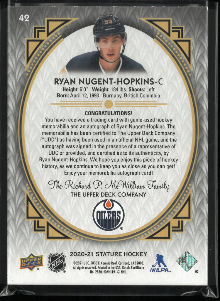 2020-21 Upper Deck Stature Ryan Nugent-Hopkins Autograph Patch Auto /12 