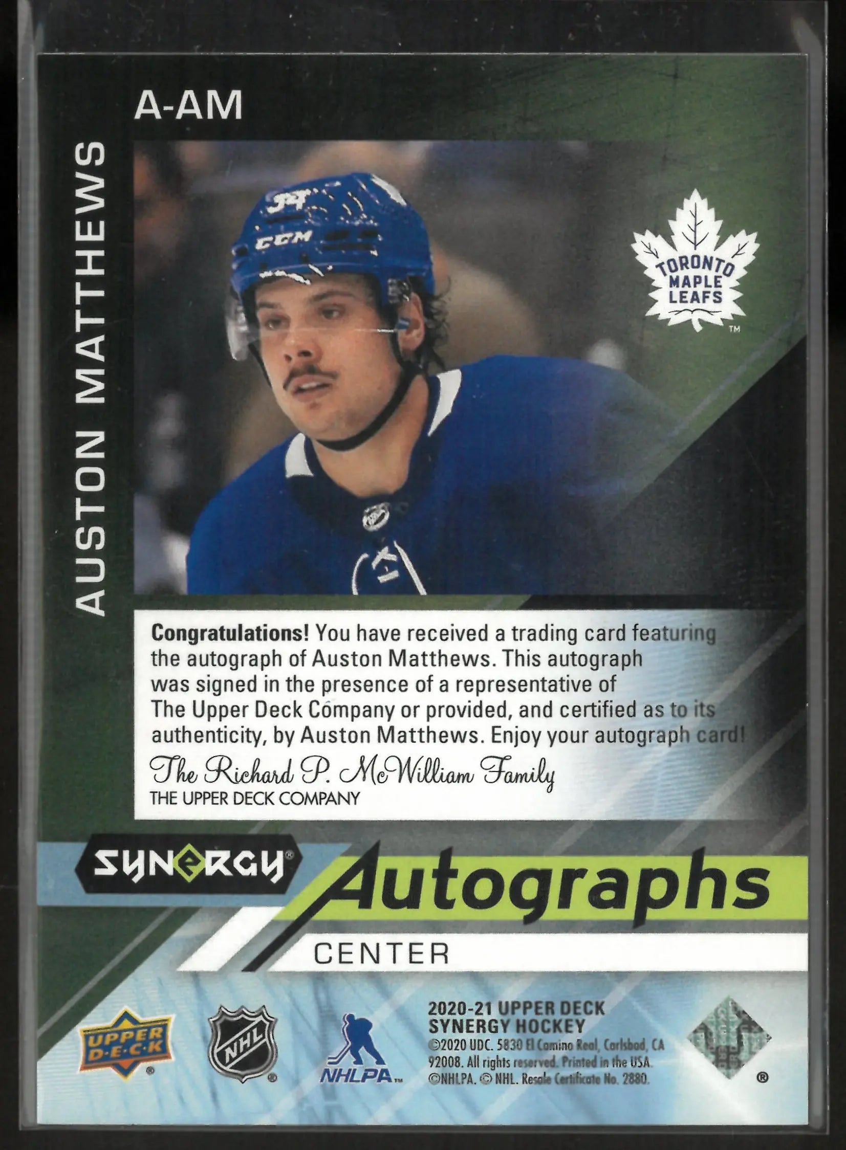 2020-21 Upper Deck Synergy Auston Matthews Autograph Auto /5 