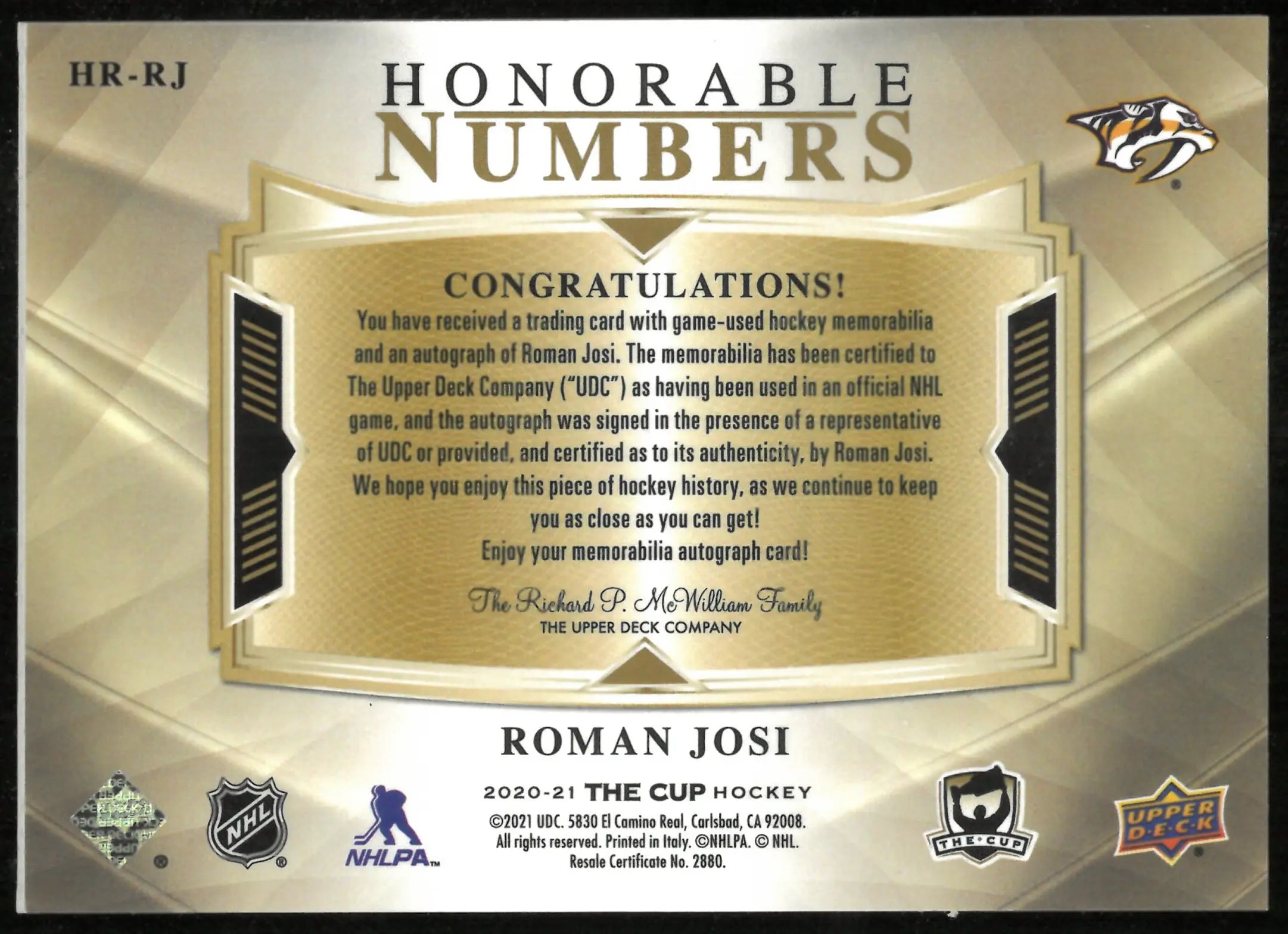 2020-21 Upper Deck The Cup Honorable Numbers Patch Auto Roman Josi /59 