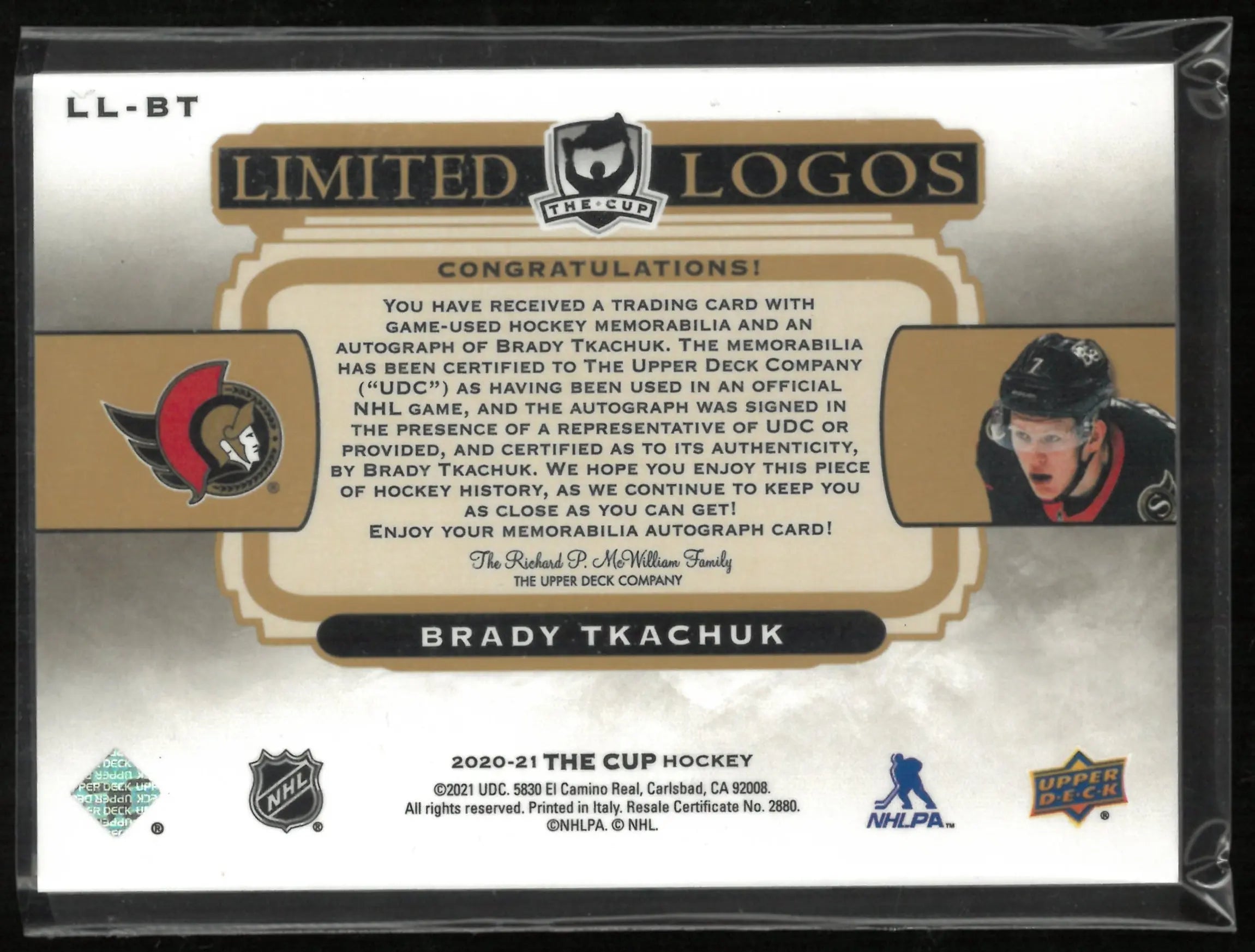 2020-21 Upper Deck The Cup Limited Logos Brady Tkachuk Autographs /50 