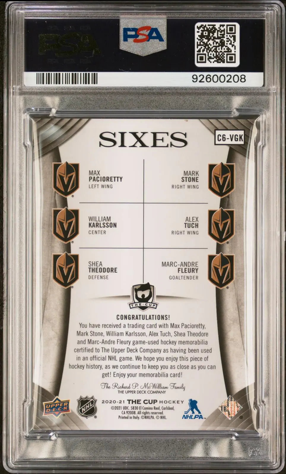 2020-21 Upper Deck The Cup Sixes Jerseys Patch #VGK Multiplayer /15 PSA Auth 