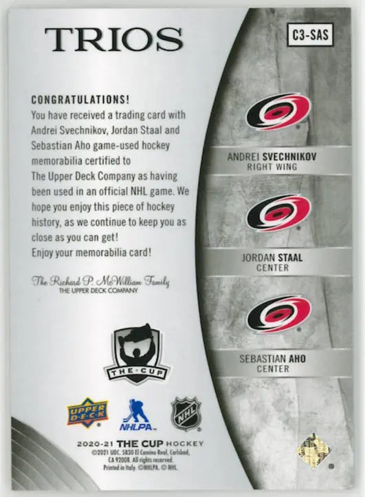 2020-21 Upper Deck The Cup Trios Patch Svechnikov/Staal/Aho /35 