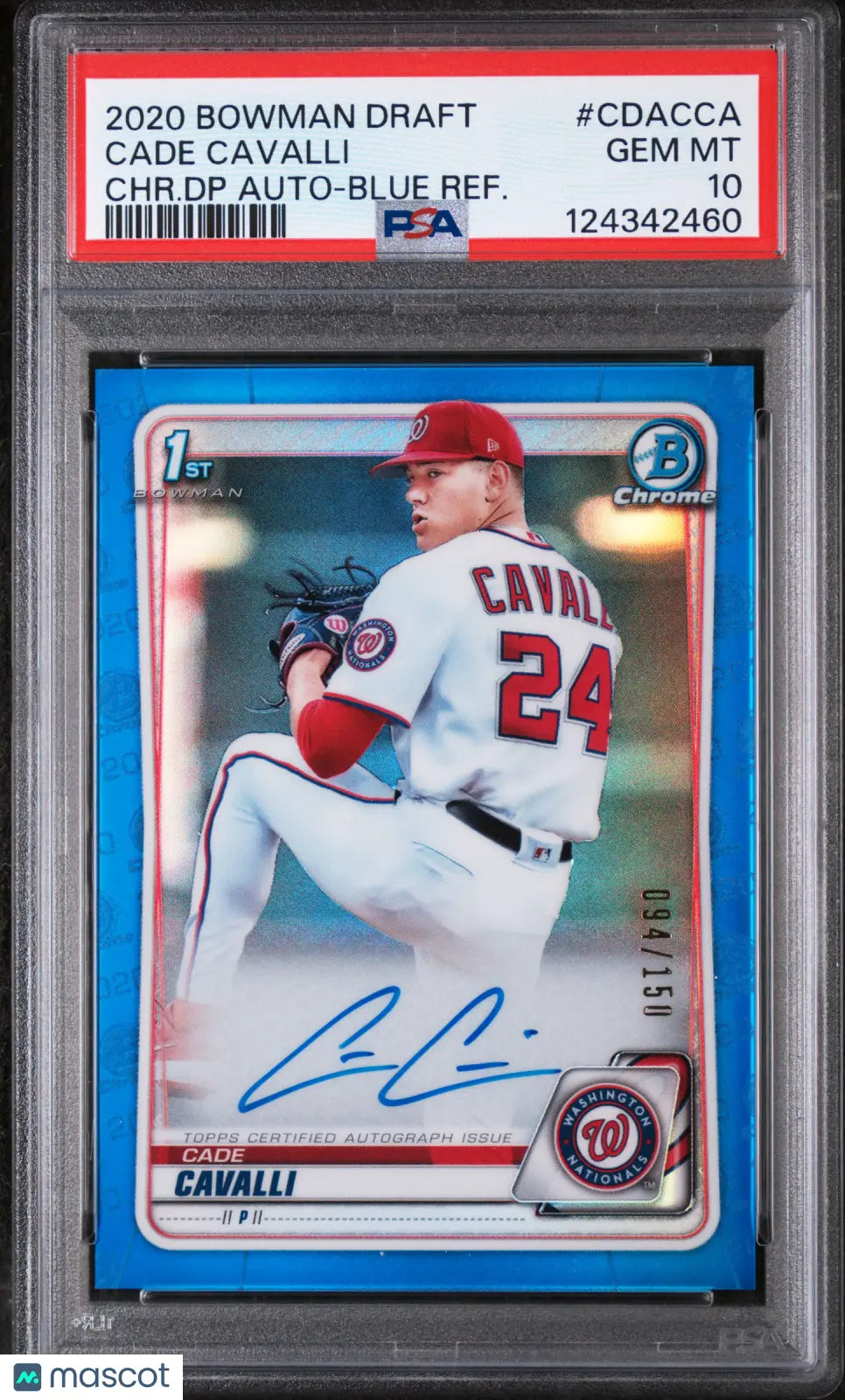 2020 Bowman Chrome Draft Picks Autographs Cade Cavalli Blue Refractor PSA 10 