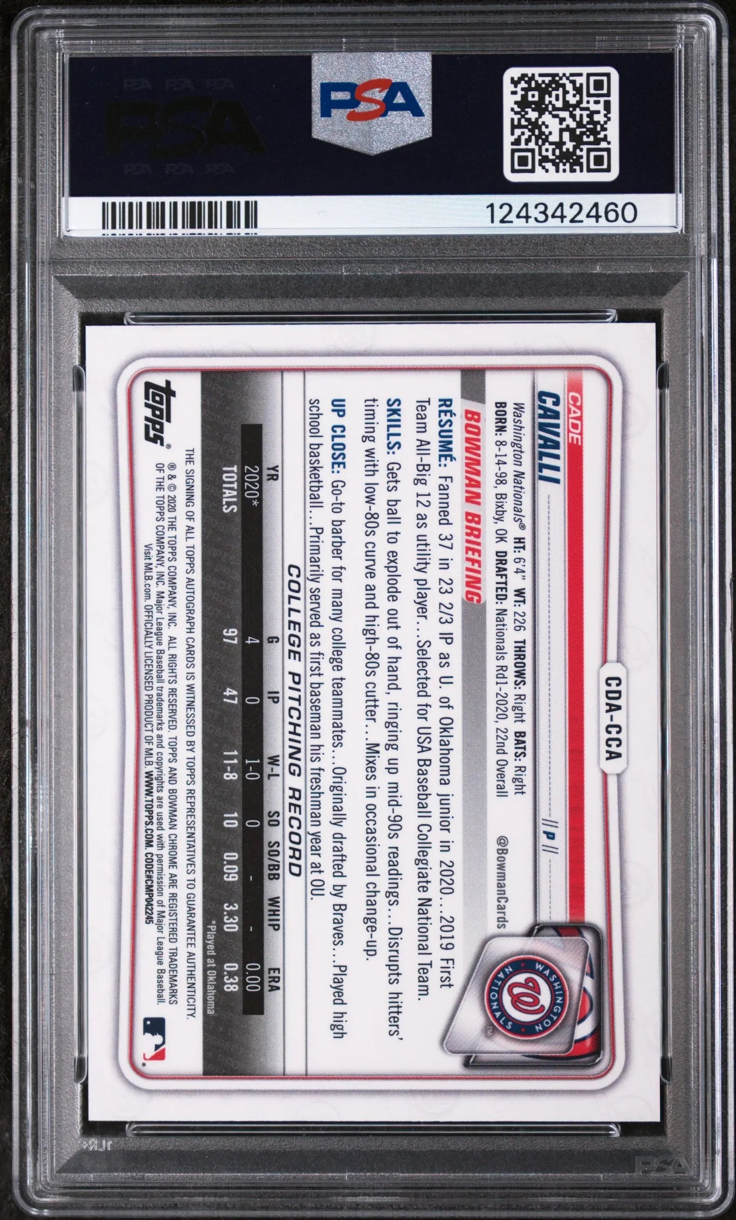 2020 Bowman Chrome Draft Picks Autographs Cade Cavalli Blue Refractor PSA 10 