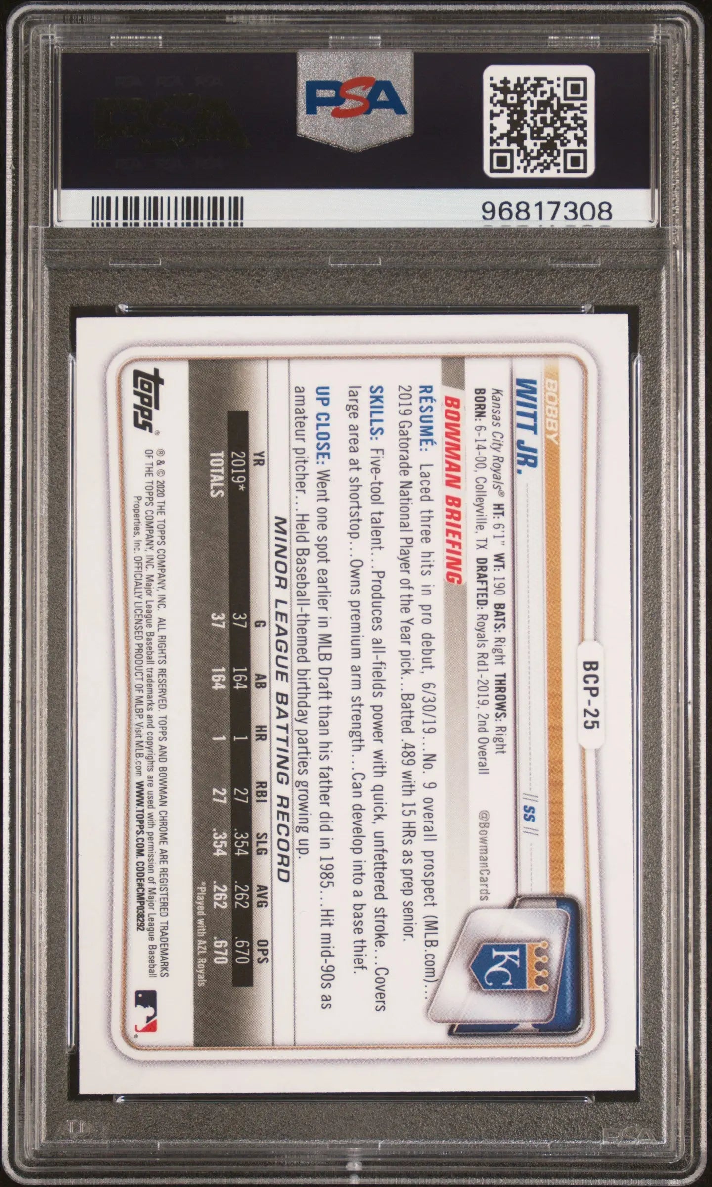 2020 Bowman Chrome Prospects Bobby Witt JR. #BCP25 PSA 10 