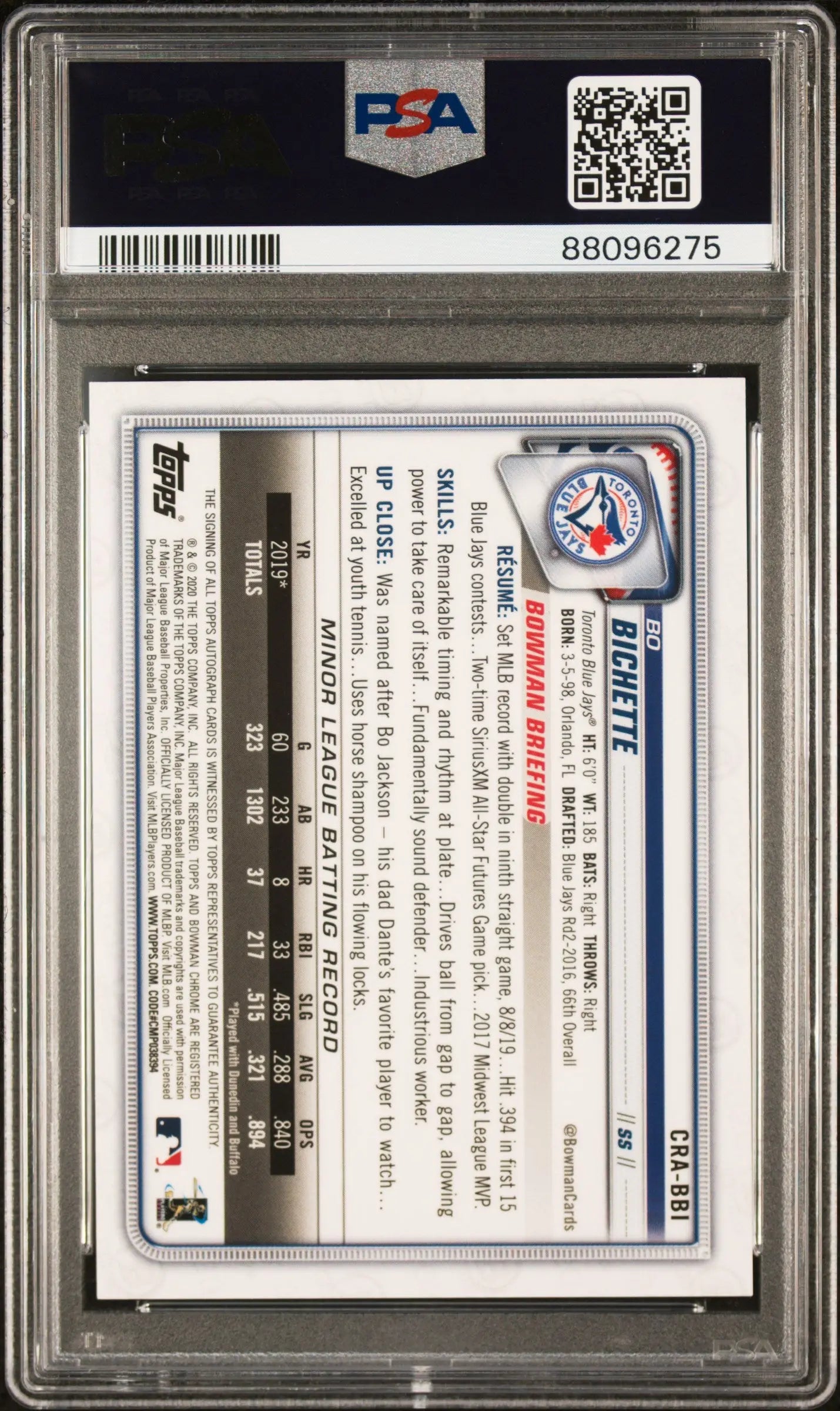 2020 Bowman Chrome Rookie Autographs Bo Bichette Yellow Refractor PSA 10 /75 