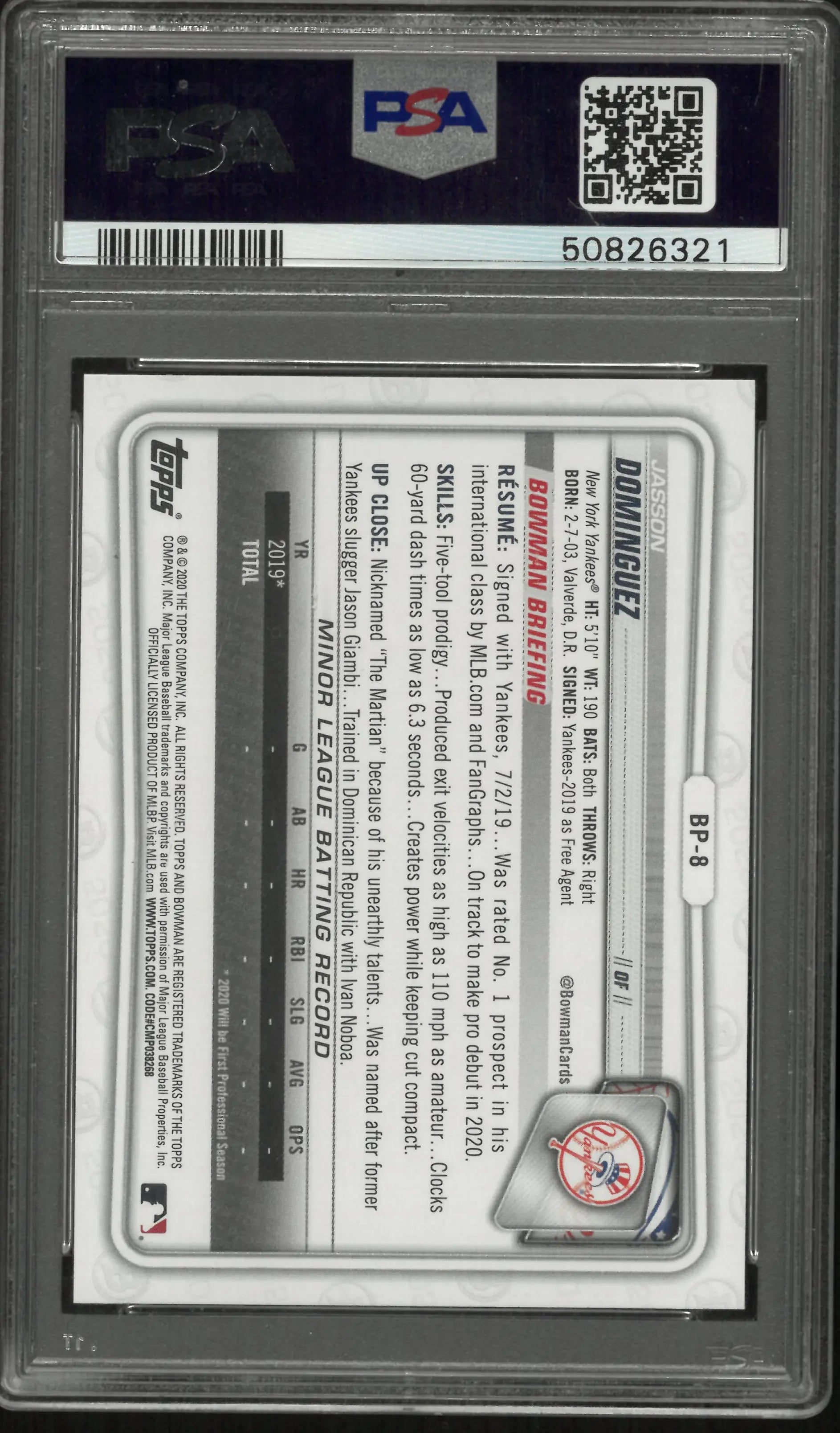 2020 Bowman Paper Prospects Jasson Dominguez Camo PSA 10 