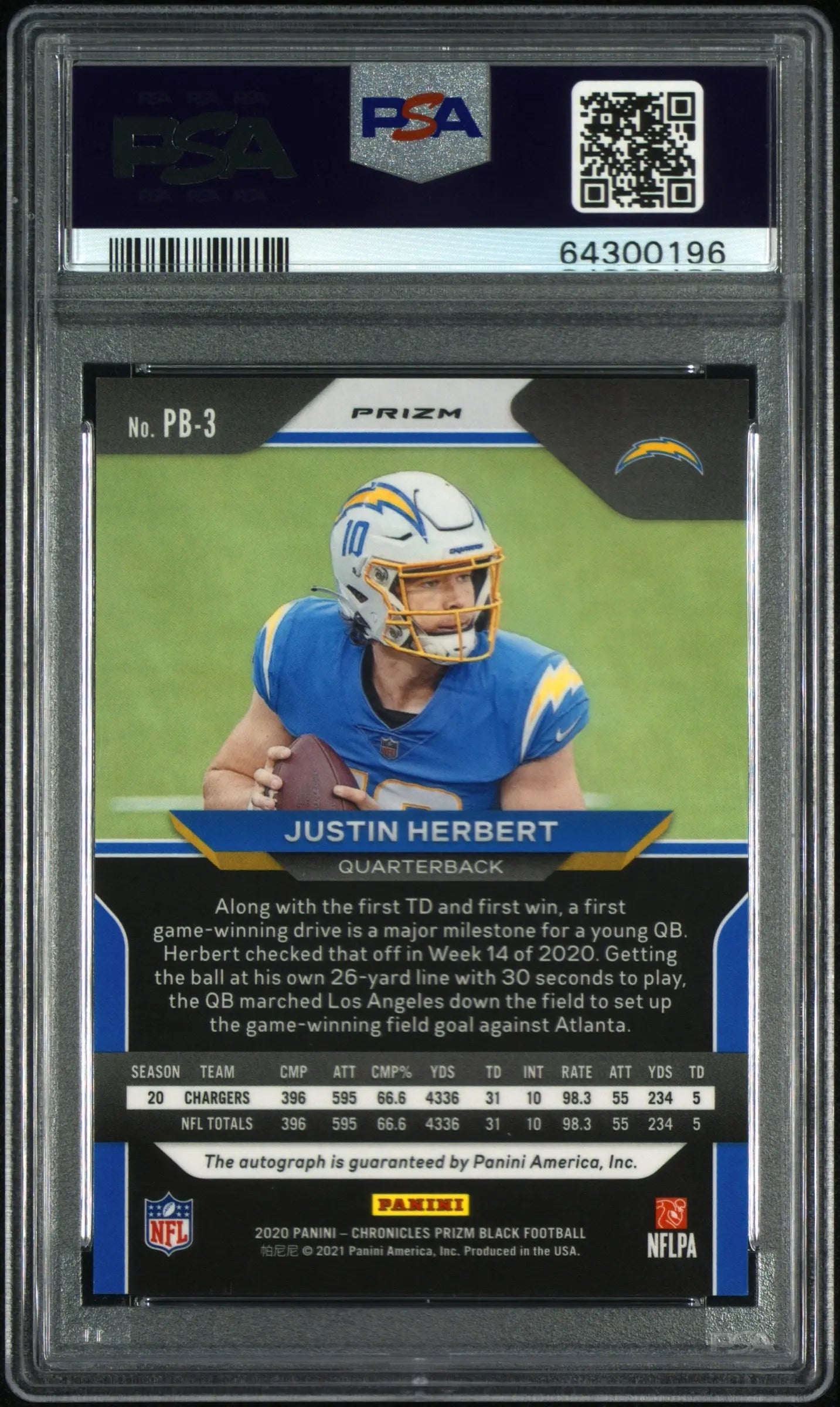 2020 Chronicles Prizm Black Justin Herbert RC Rookie Signature Auto PSA 10 