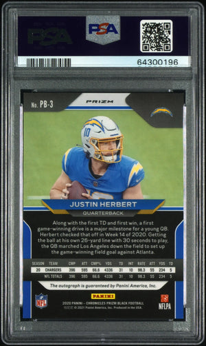 2020 Chronicles Prizm Black Justin Herbert RC Rookie Signature Auto PSA 10 