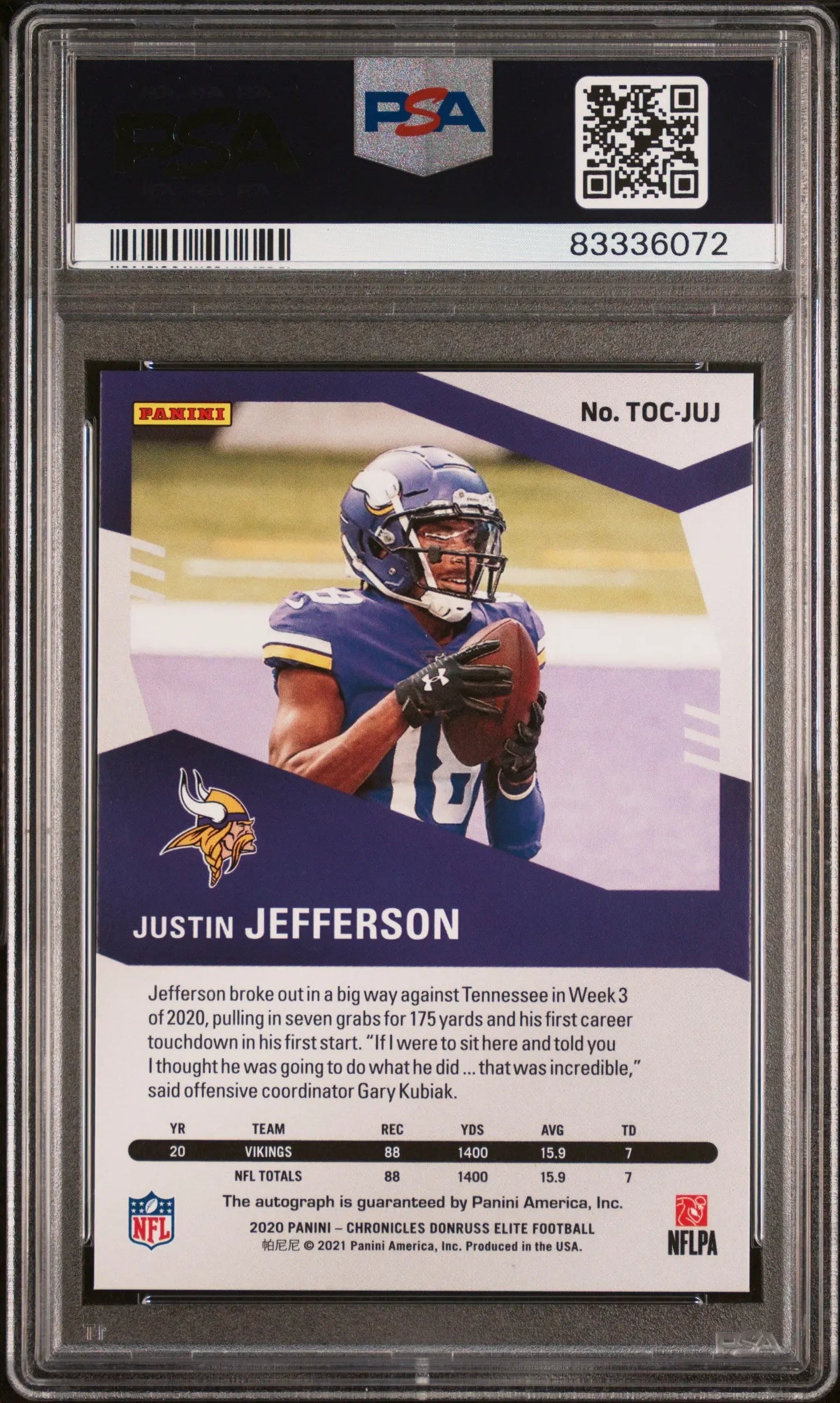 2020 Donruss Elite Turn Of The Century Auto Justin Jefferson RC Purp /49 PSA 10 