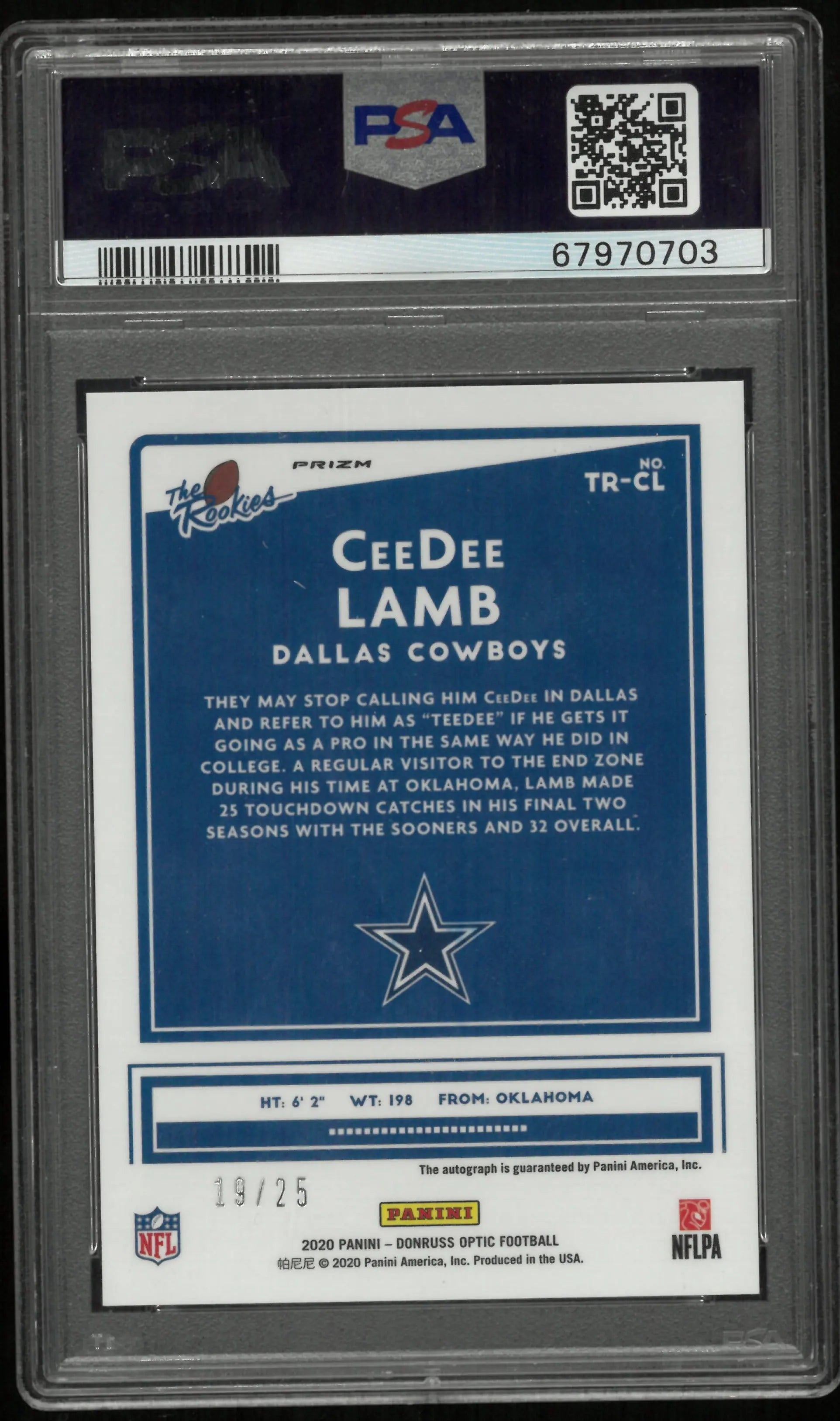 2020 Donruss Optic The Rookie Ceedee Lamb RC Rookie Purple Stars Auto PSA 10 /25 