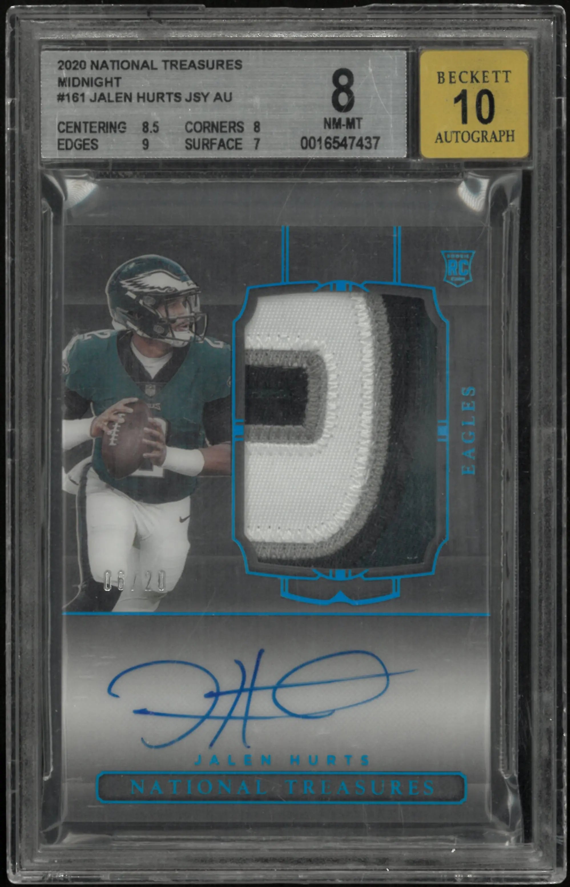 2020 National Treasures Midnight Jalen Hurts RC Jersey Patch BGS 8 Auto 10 /20 