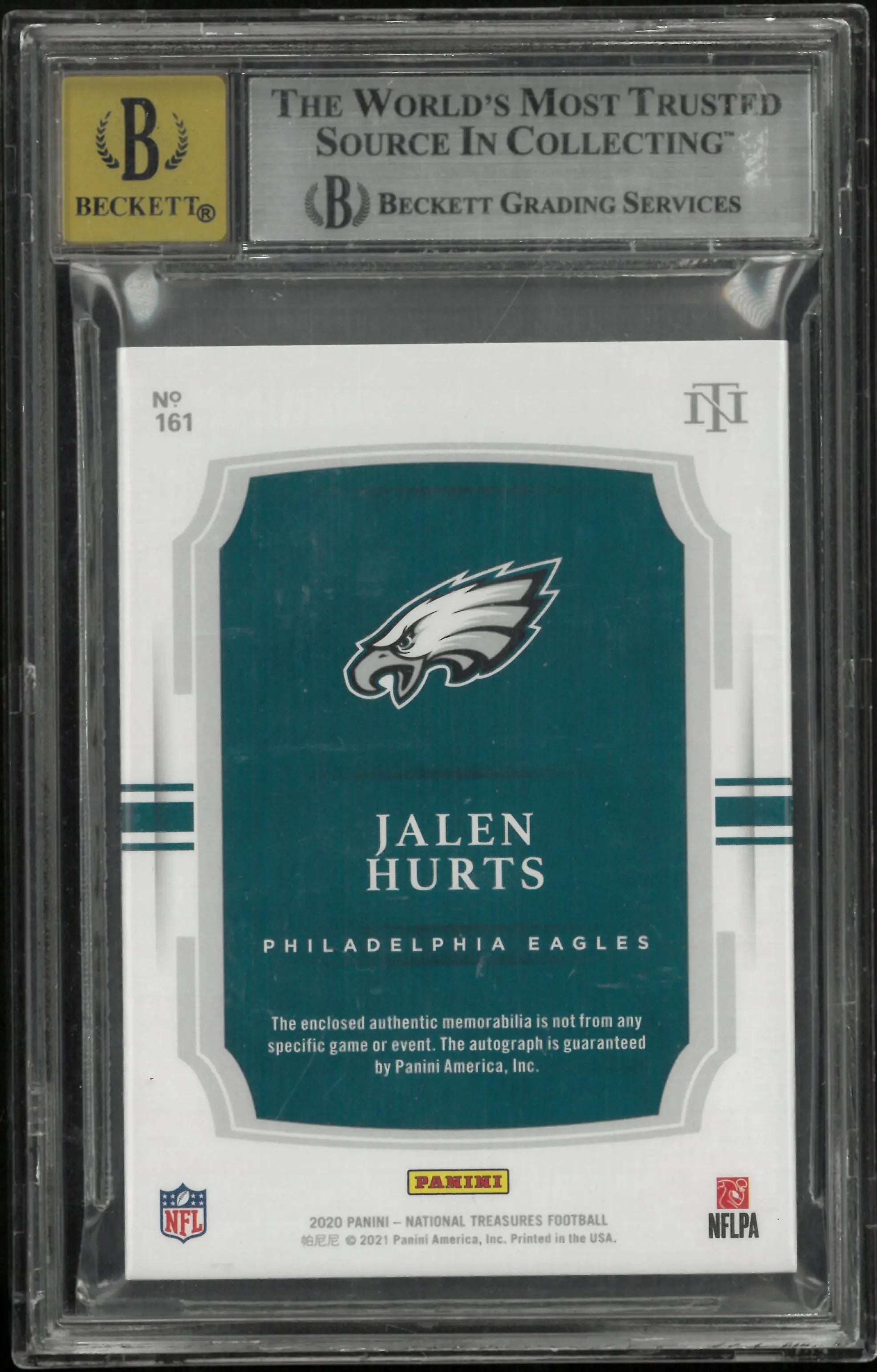 2020 National Treasures Midnight Jalen Hurts RC Jersey Patch BGS 8 Auto 10 /20 