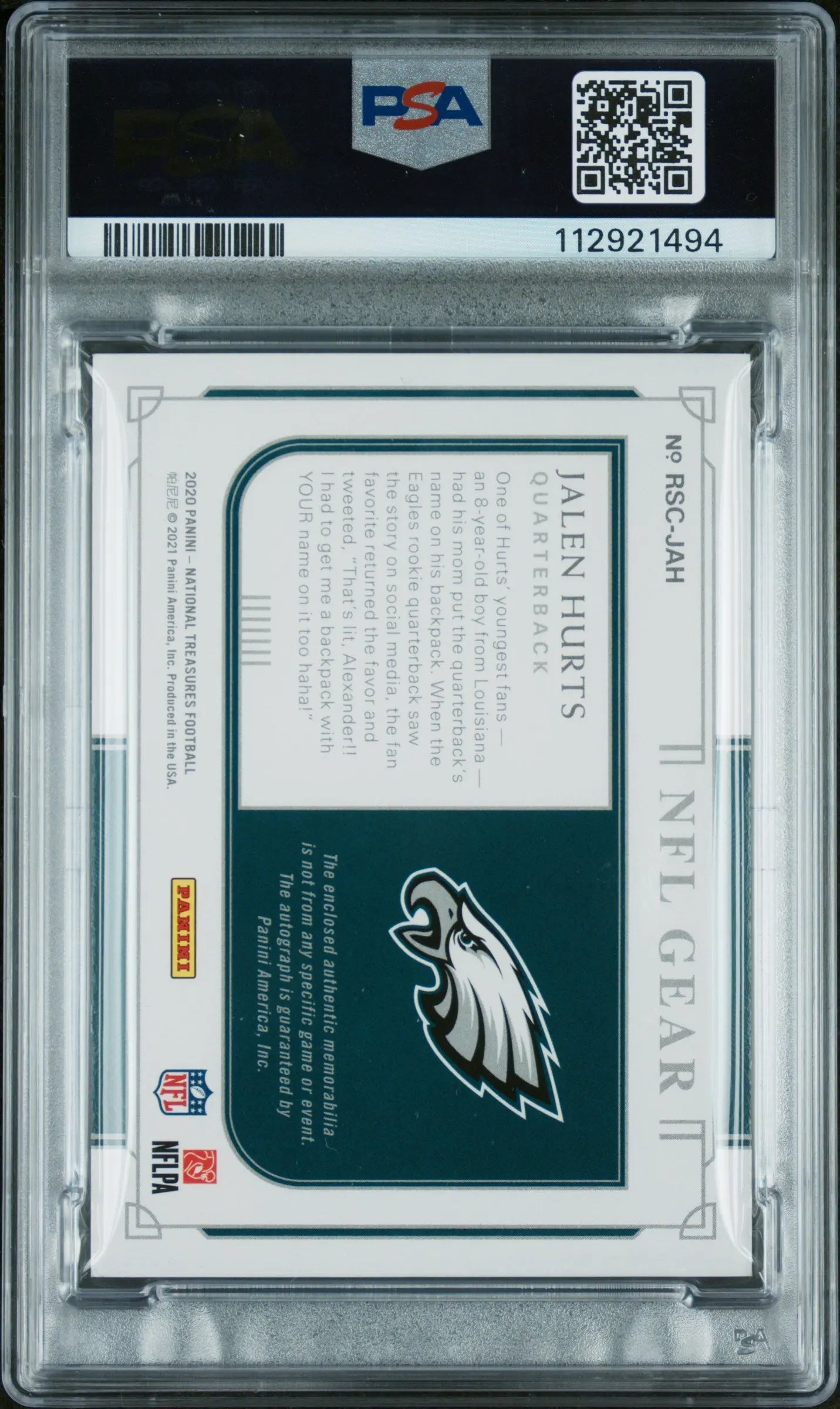 2020 National Treasures Rookie NFL Gear Auto Combo Jalen Hurts PSA Authentic /25 