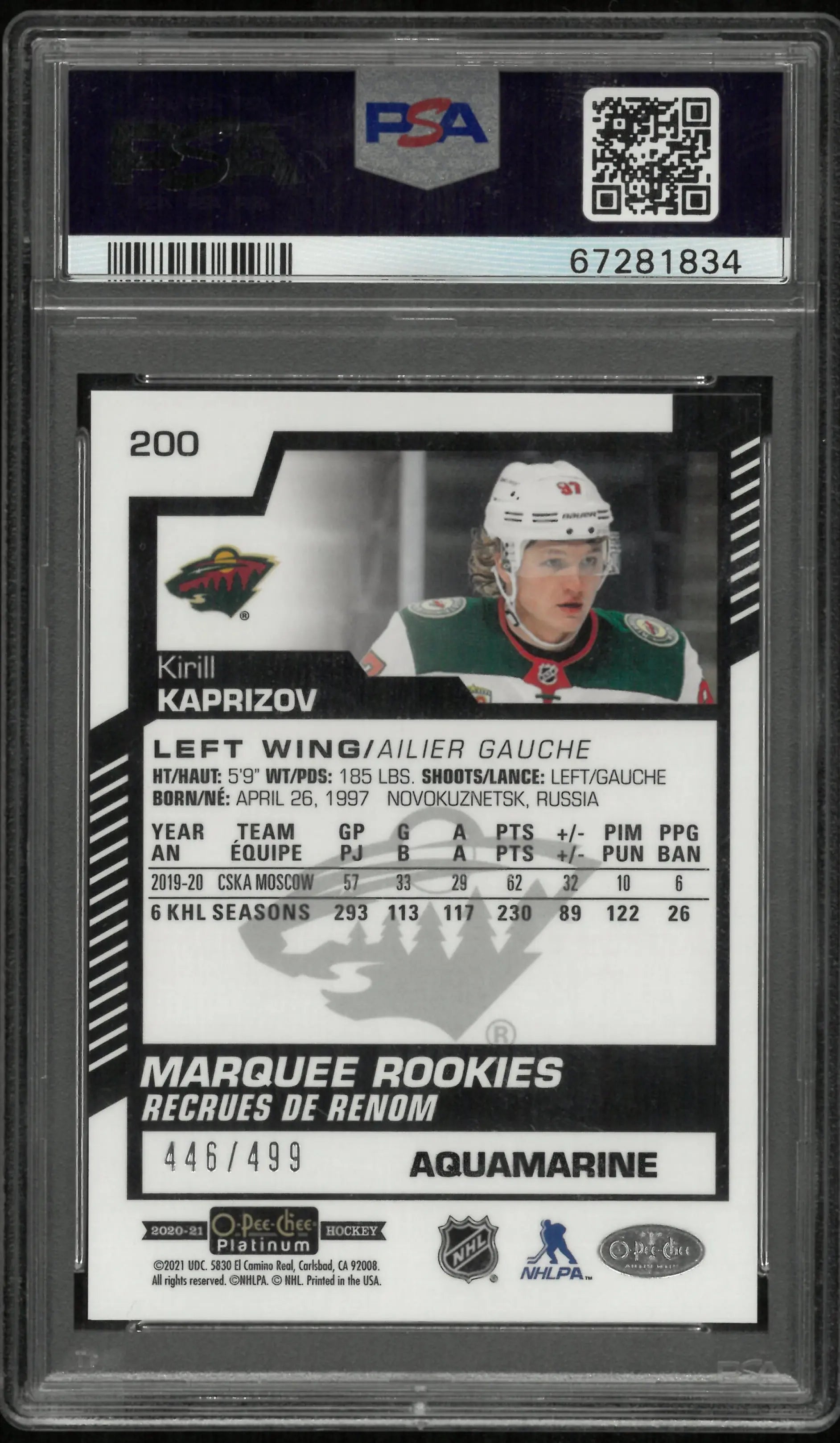 2020 O-Pee-Chee Platinum Kirill Kaprizov #200 Aquamarine PSA 10 