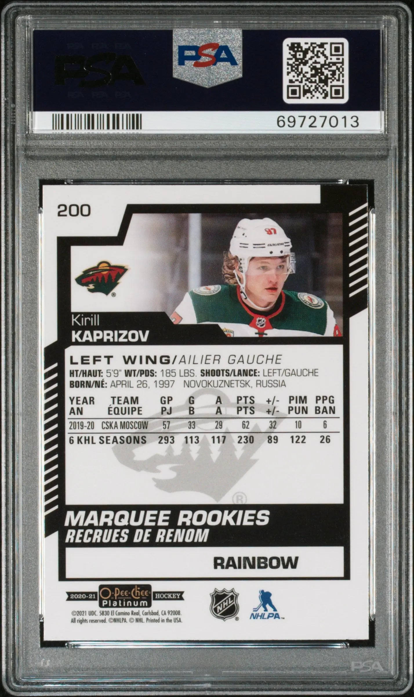 2020 O-Pee-Chee Platinum Kirill Kaprizov #200 Rainbow PSA 9 