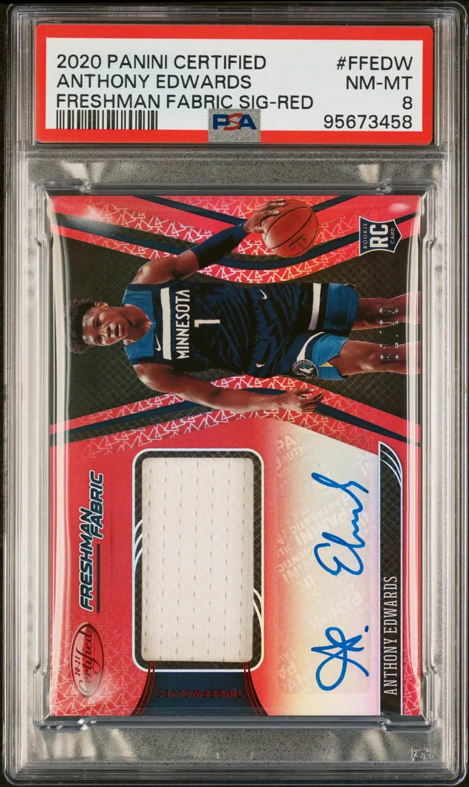 2020 Panini Certified Freshman Fabric Sig RC Auto Anthony Edwards Red /99 PSA 8 