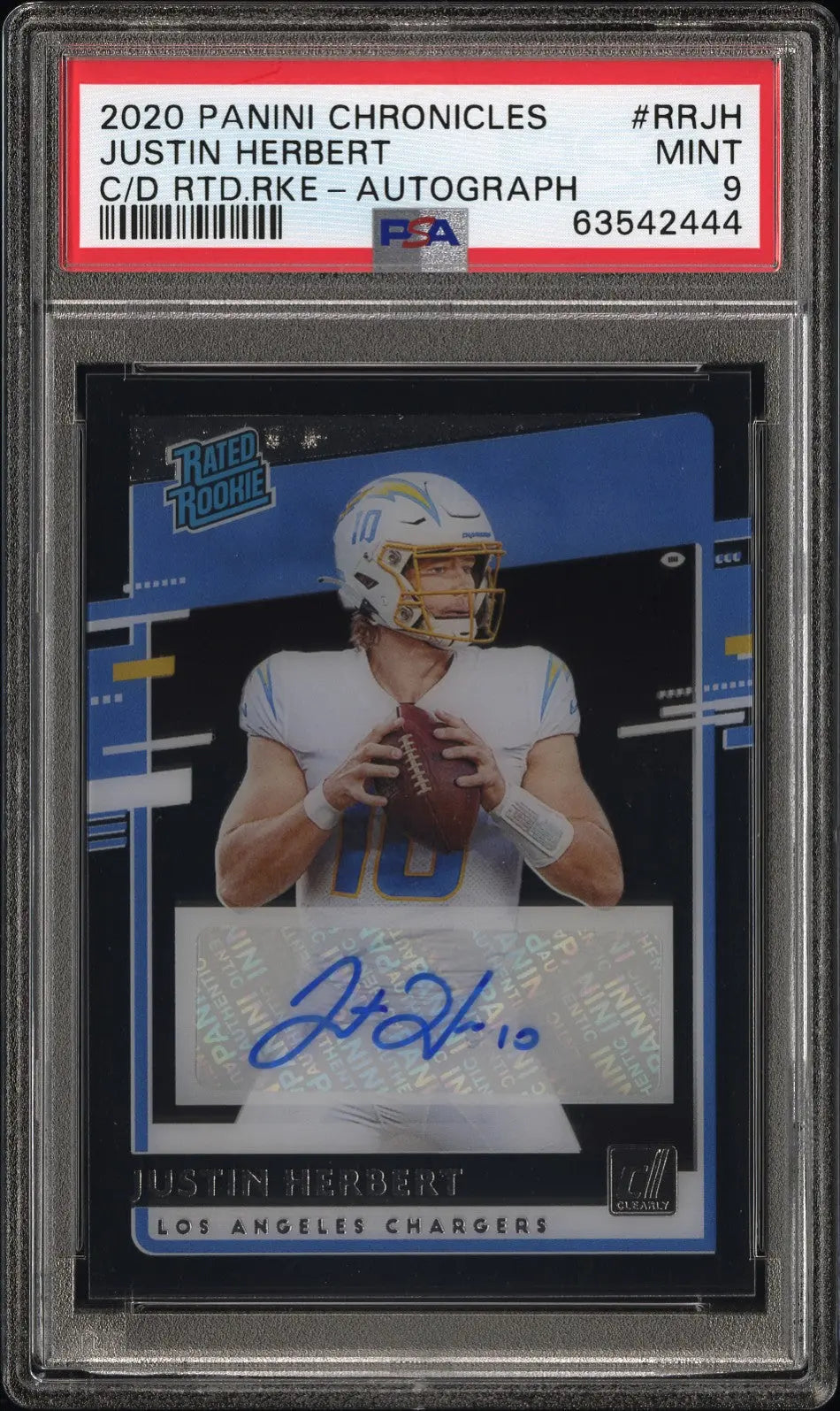 2020 Panini Chronicles Clear Rated Rookie Justin Herbert Autograph Auto RC PSA 9 