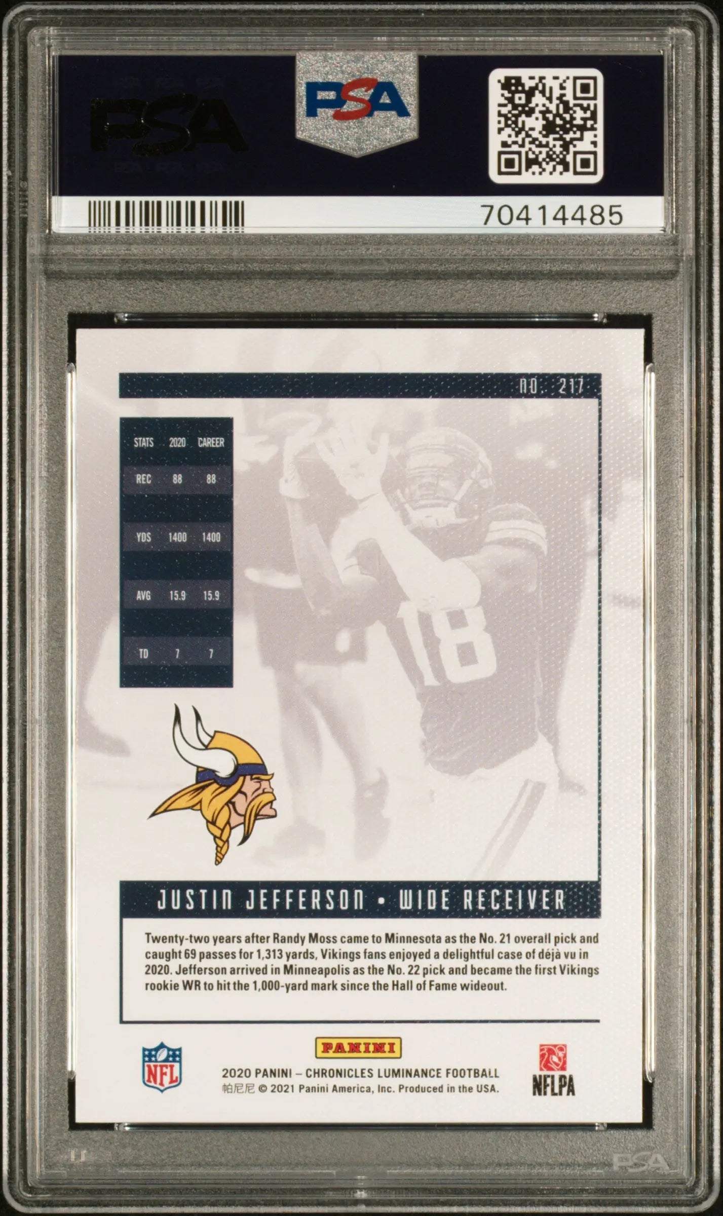 2020 Panini Chronicles Luminance Justin Jefferson RC Rookie Bronze PSA 10 