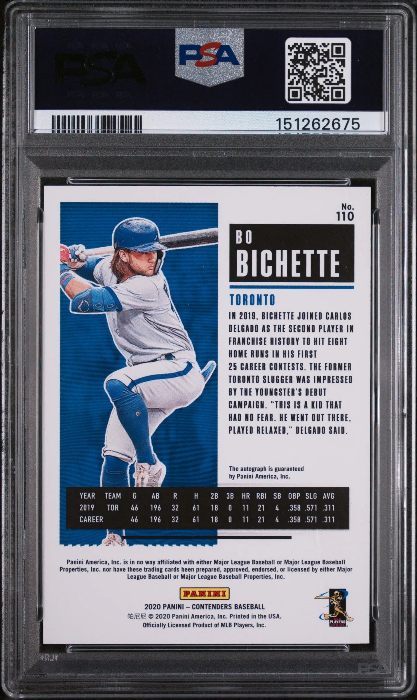 2020 Panini Contenders Autograph Rookie Bo Bichette Auto RC PSA 9 