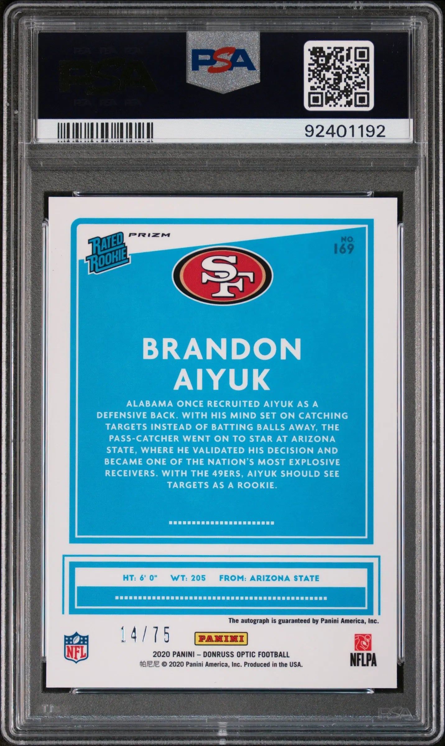 2020 Panini Donruss Optic Brandon Aiyuk Rated Rookie Autograph Blue PSA 9 /75 