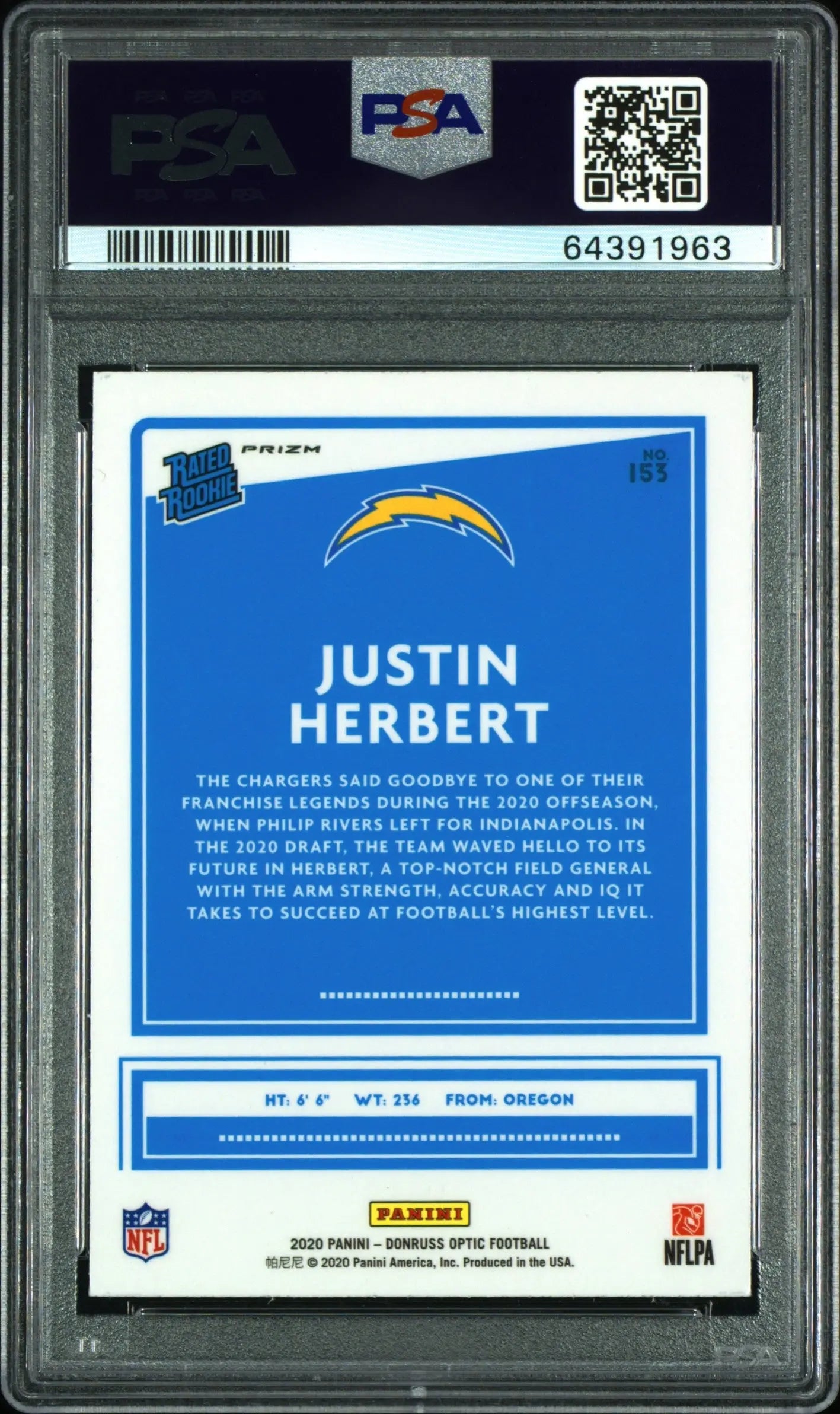 2020 Panini Donruss Optic Justin Herbert #153 Blue Scope PSA 9 
