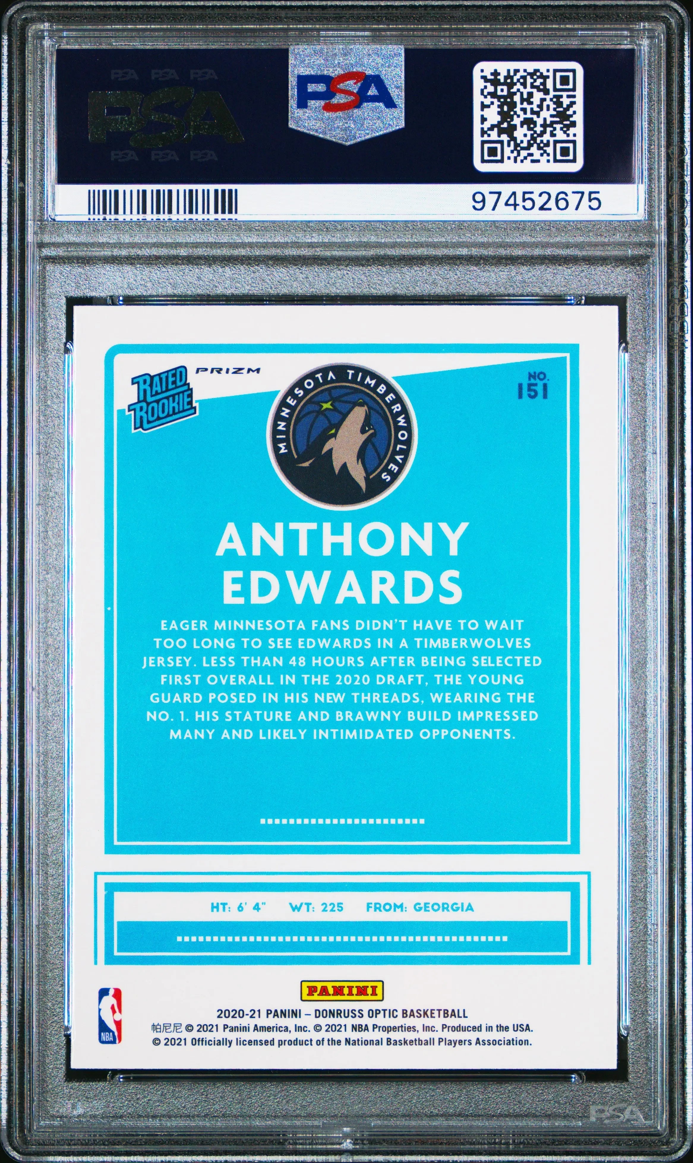 2020 Panini Donruss Optic Rated Rookie Anthony Edwards Blue Velocity RC PSA 10 