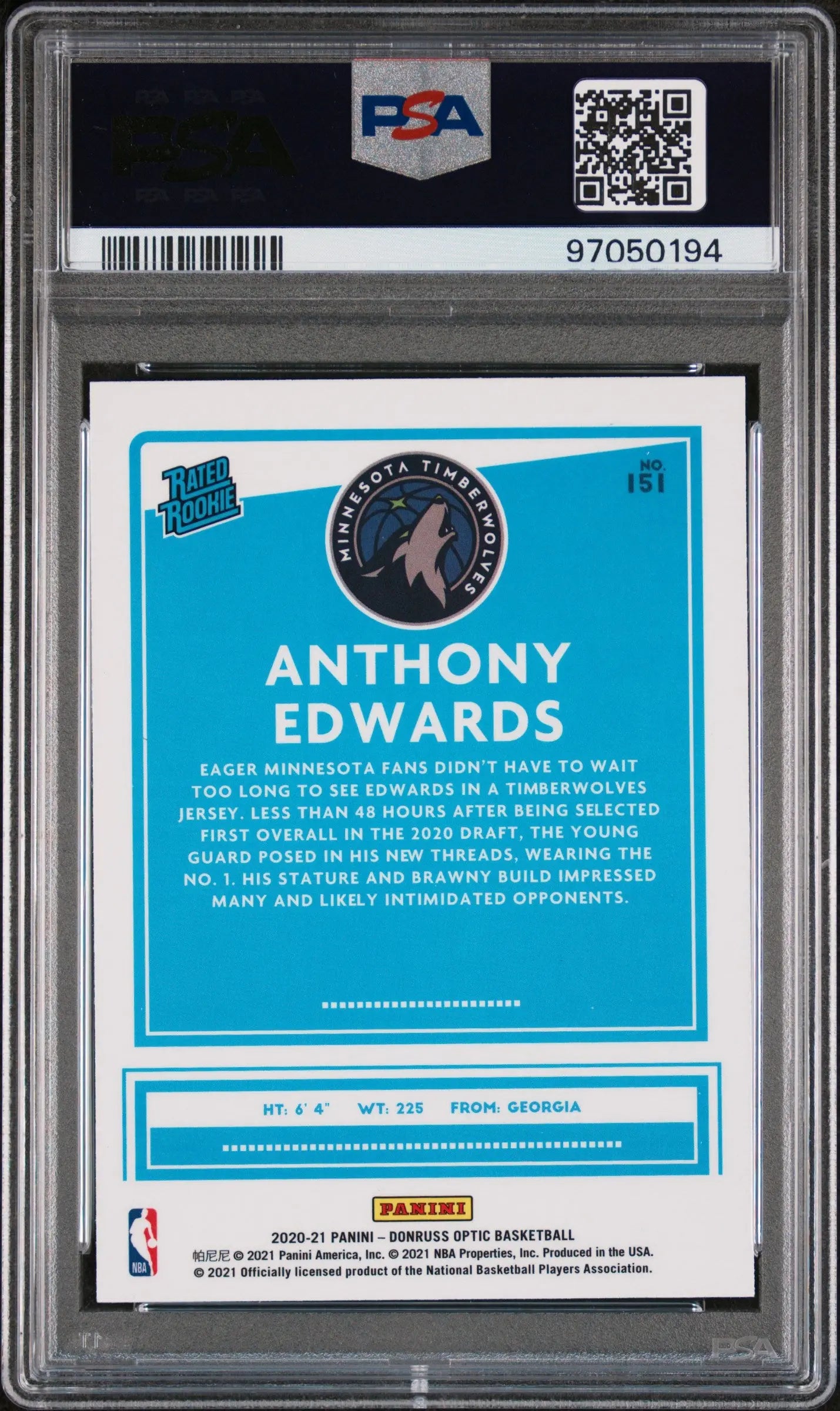 2020 Panini Donruss Optic Rated Rookie Anthony Edwards RC PSA 9 