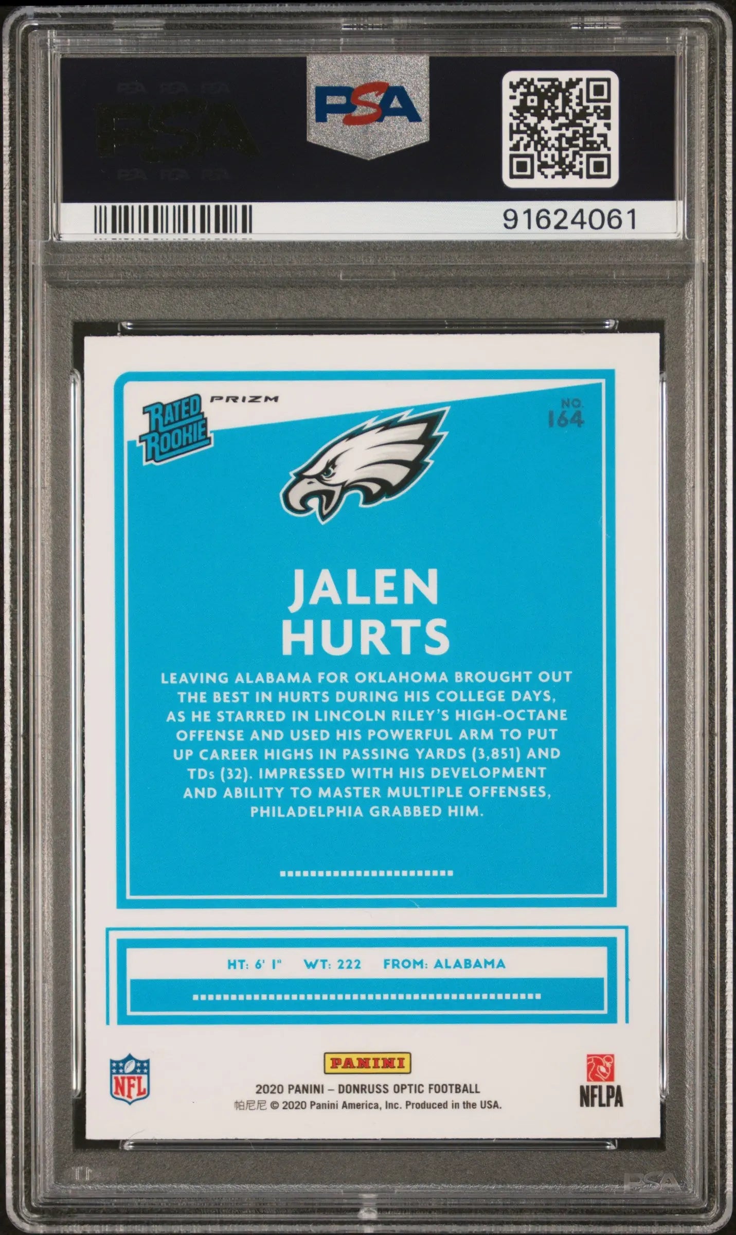 2020 Panini Donruss Optic Rated Rookie Jalen Hurts Green Velocity RC PSA 10 