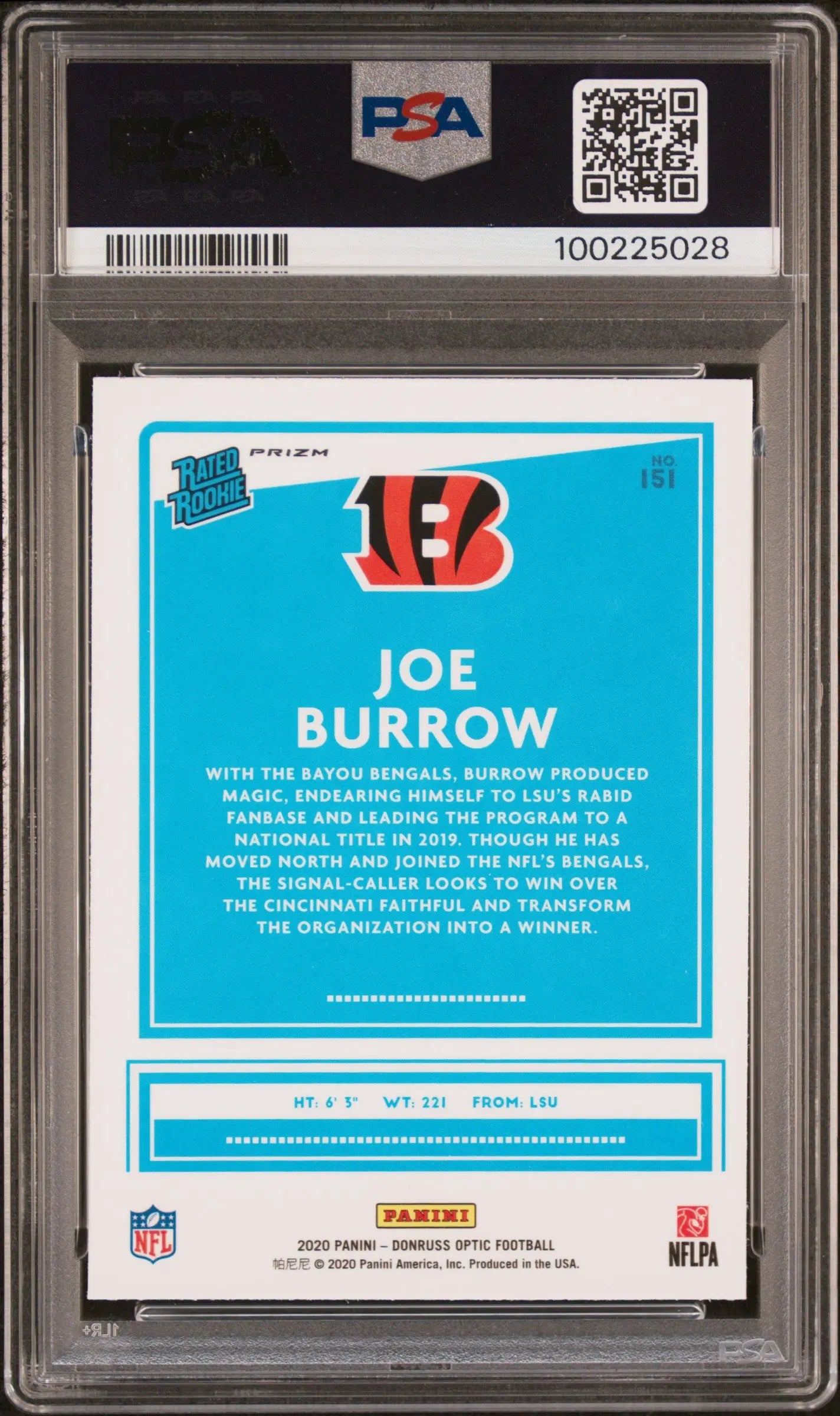 2020 Panini Donruss Optic Rated Rookie Joe Burrow Purple Shock RC PSA 10 