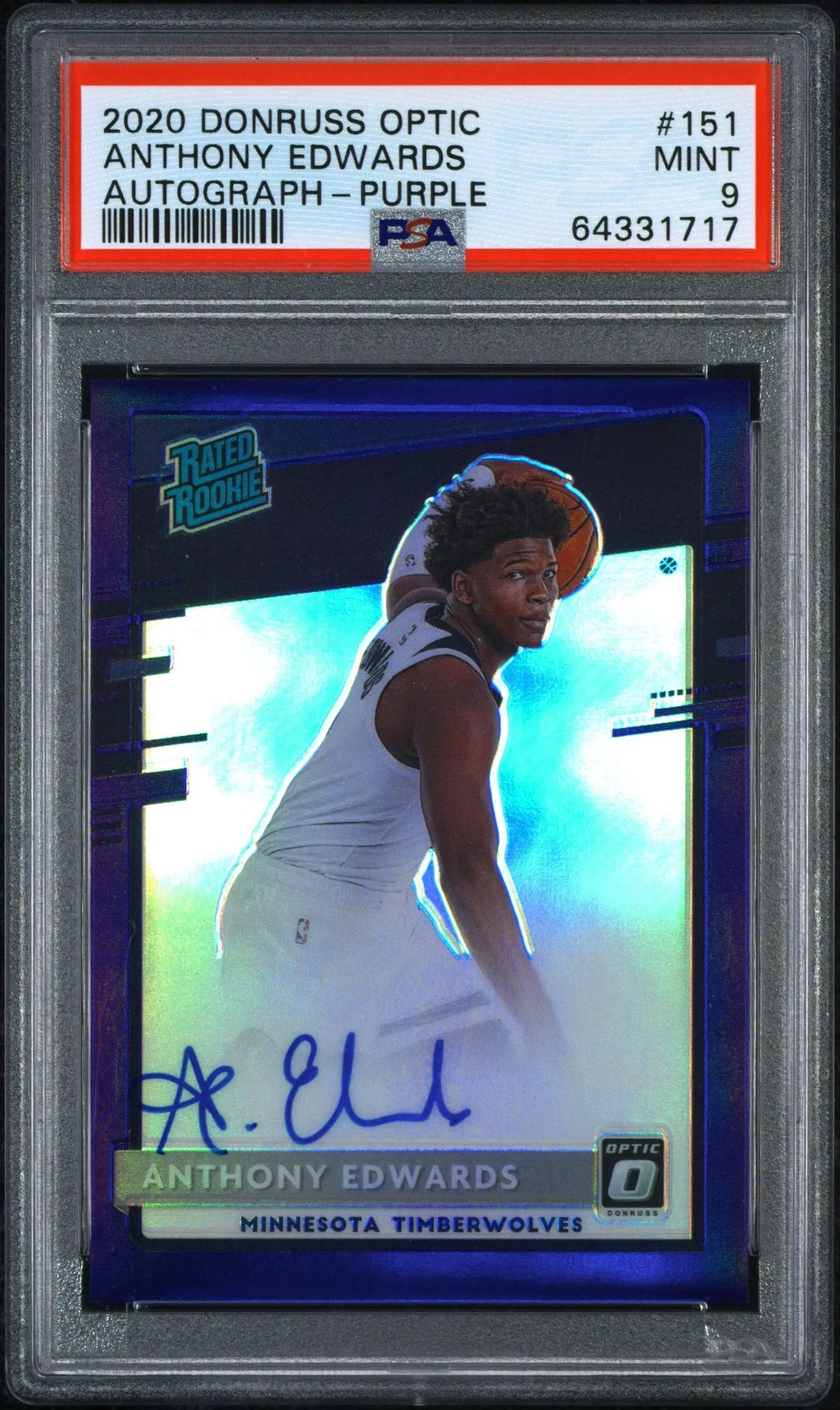 2020 Panini Donruss Optic Rookie Autograph Anthony Edwards Auto Purple PSA 9 