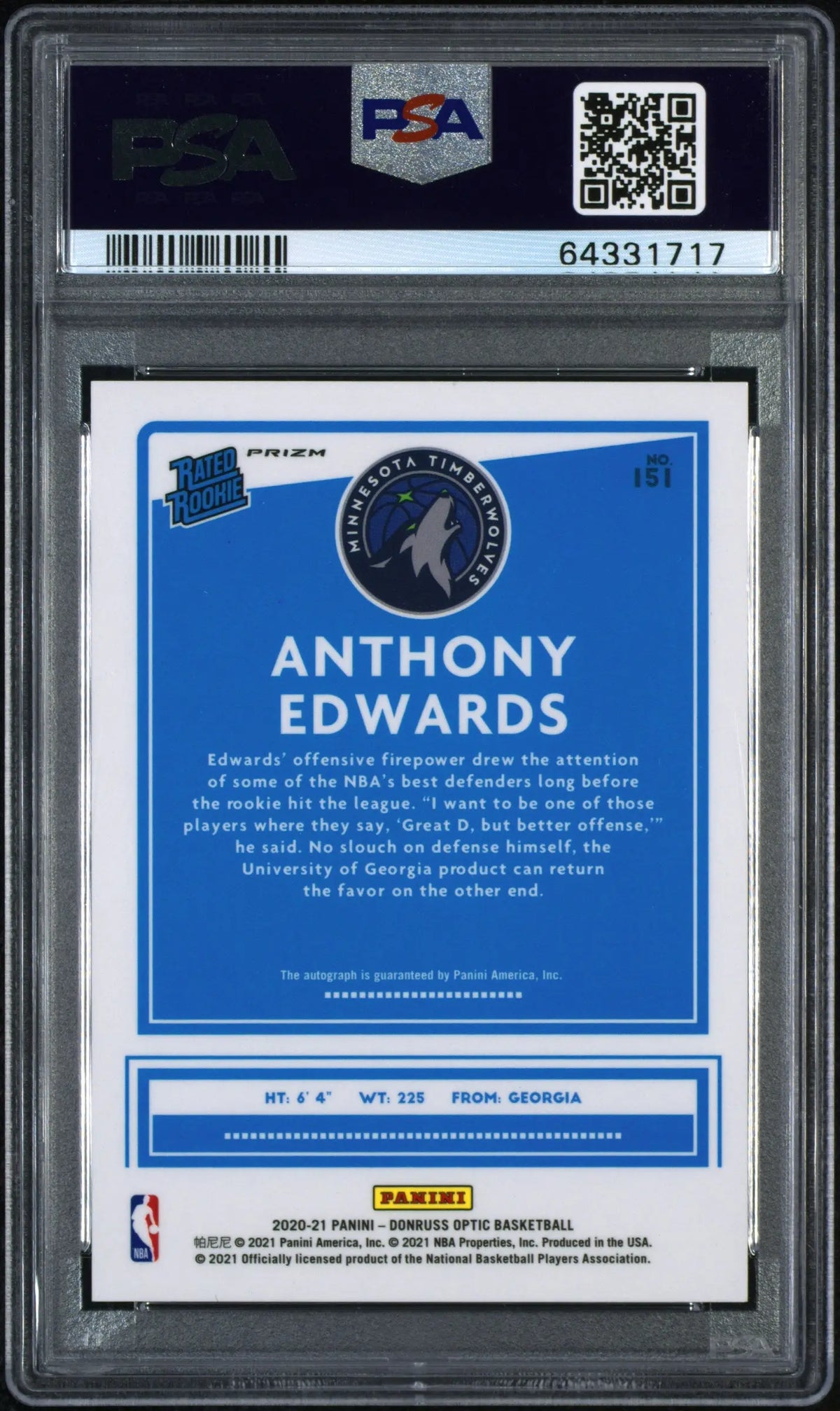 2020 Panini Donruss Optic Rookie Autograph Anthony Edwards Auto Purple PSA 9 