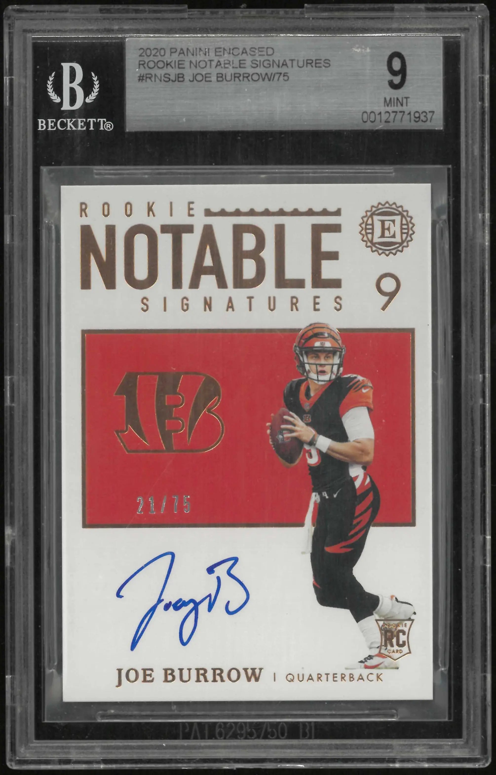 2020 Panini Encased Rookie Notable Signatures Joe Burrow Auto RC /75 BGS 9 