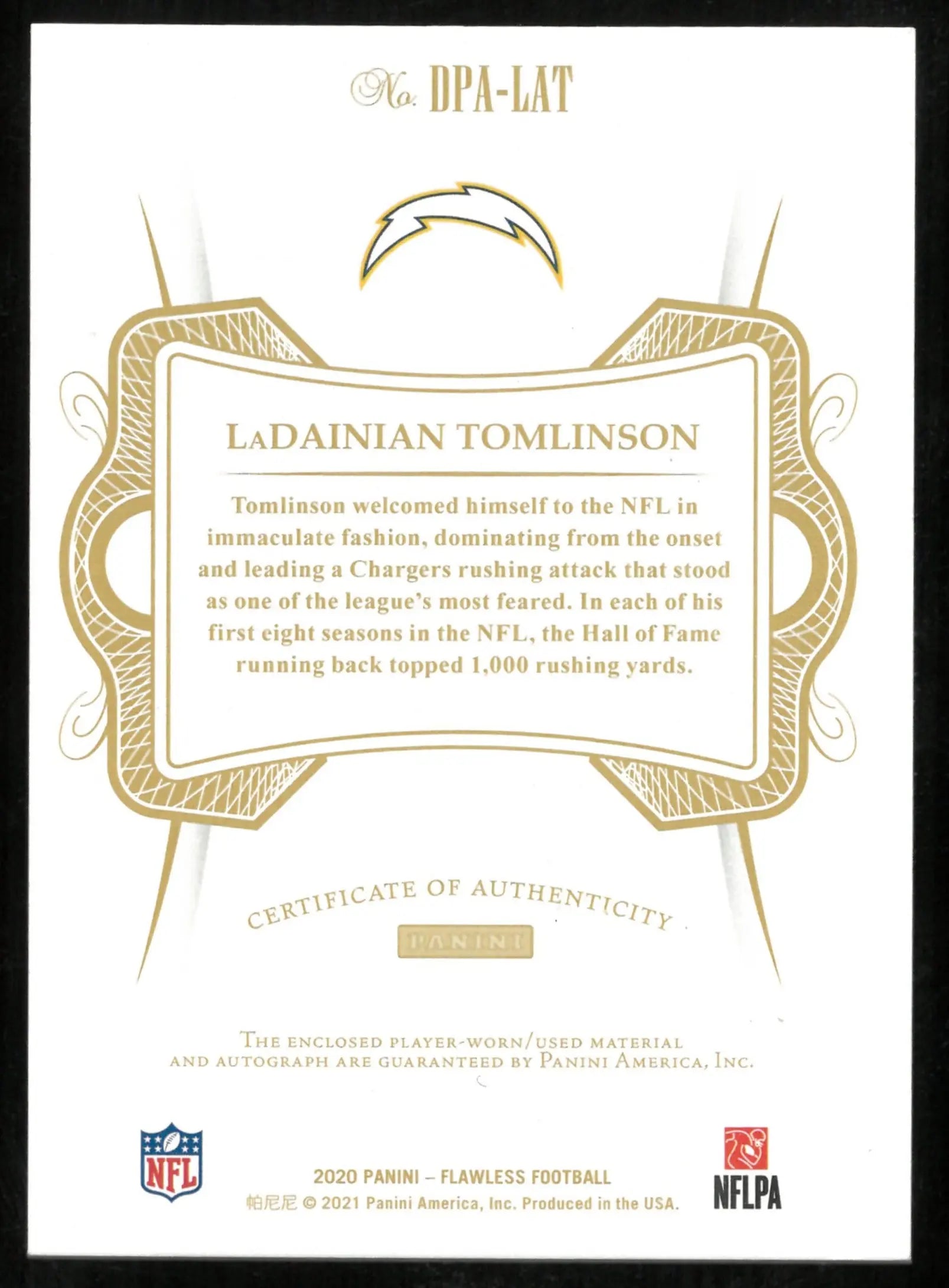 2020 Panini Flawless Dual Patch Auto LaDainian Tomlinson /15 