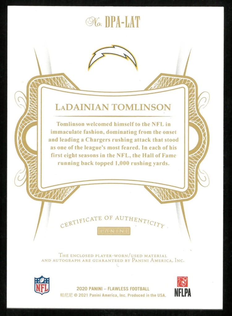 2020 Panini Flawless Dual Patch Auto LaDainian Tomlinson /15 