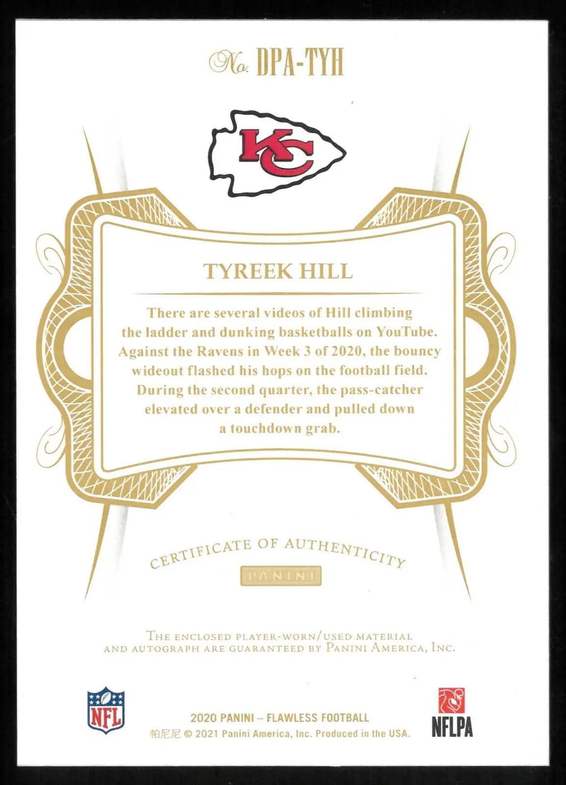 2020 Panini Flawless Patch Autograph Tyreek Hill Auto /15 