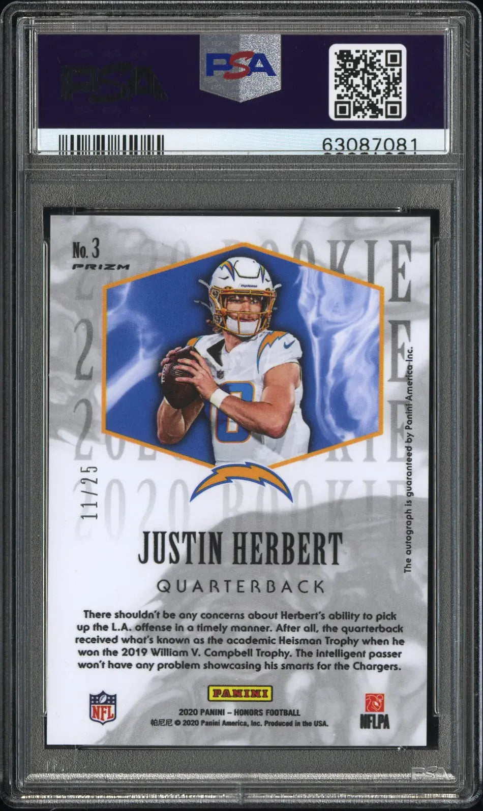 2020 Panini Honors 2004 Rookies Justin Herbert RC Auto Orange PSA 10 Auto 10 /25 