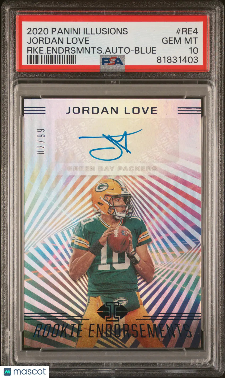 2020 Panini Illusions Rookie Endorsement Autograph Jordan Love Blue RC/99 PSA 10 