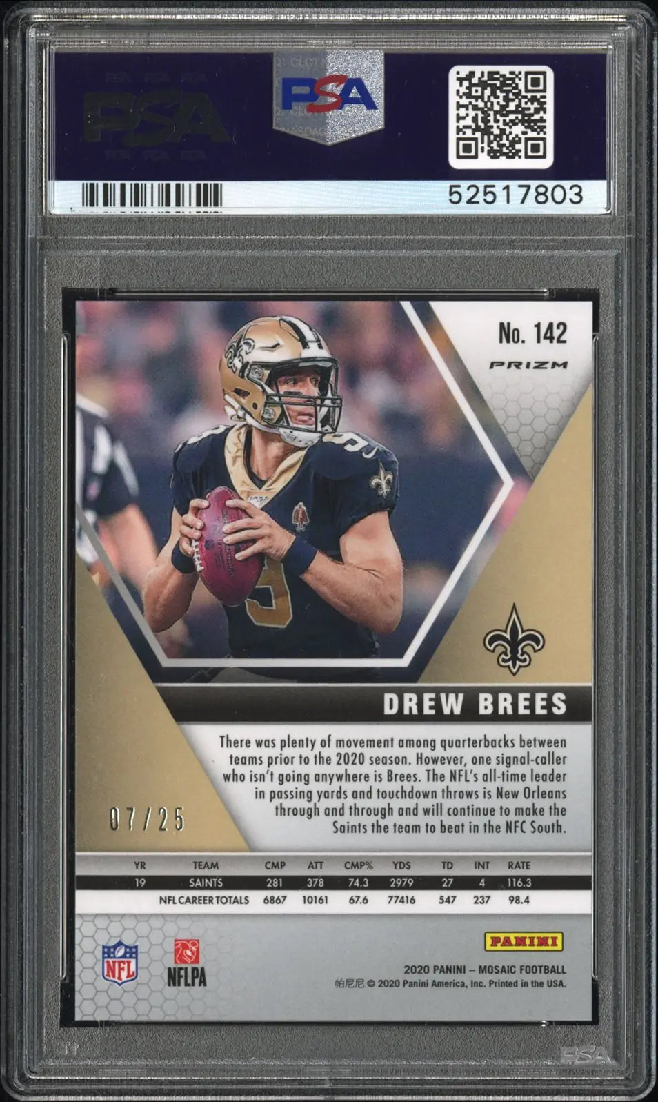 2020 Panini Mosaic Drew Brees #142 Orange Fluorescent /25 PSA 10 