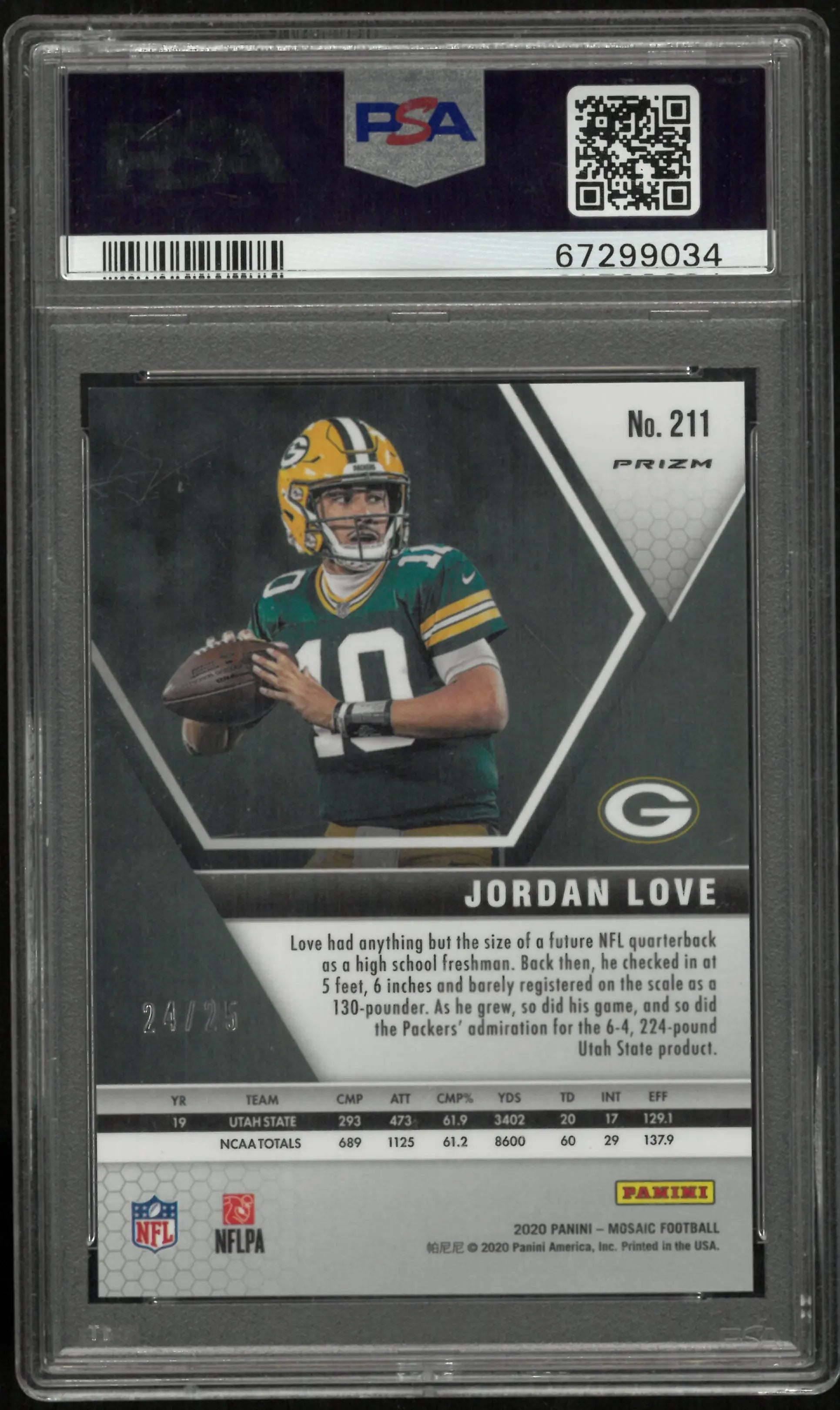 2020 Panini Mosaic Jordan Love RC Orange Fluorescent PSA 10 /25 