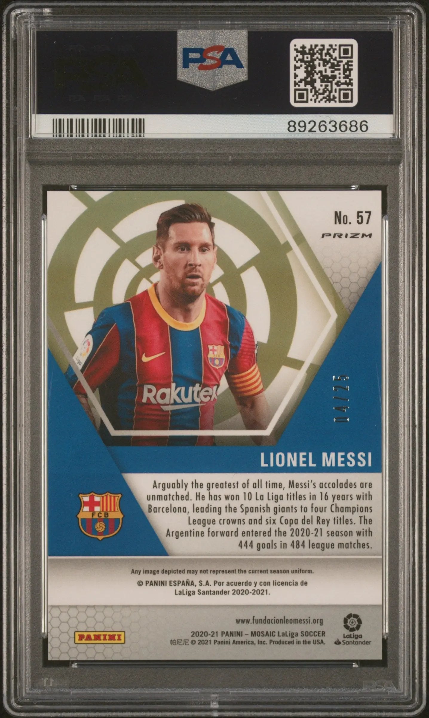 2020 Panini Mosaic La Liga Lionel Messi #57 Orange Fluorescent PSA 10