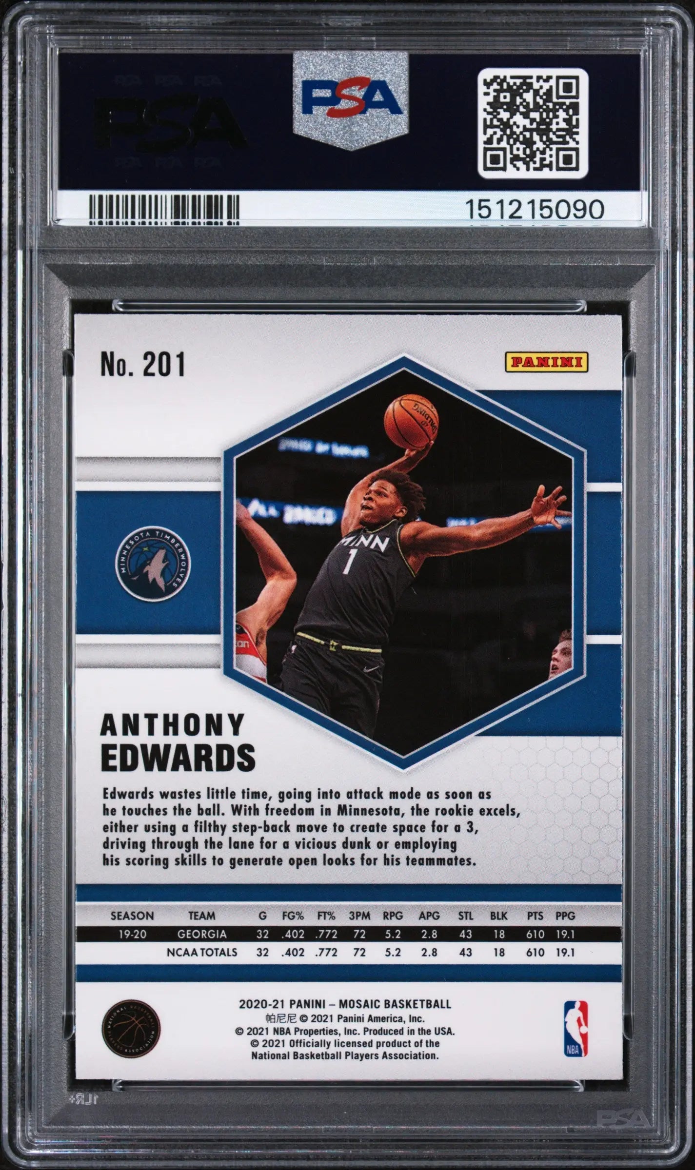 2020 Panini Mosaic Rookie Anthony Edwards Silver RC PSA 8 
