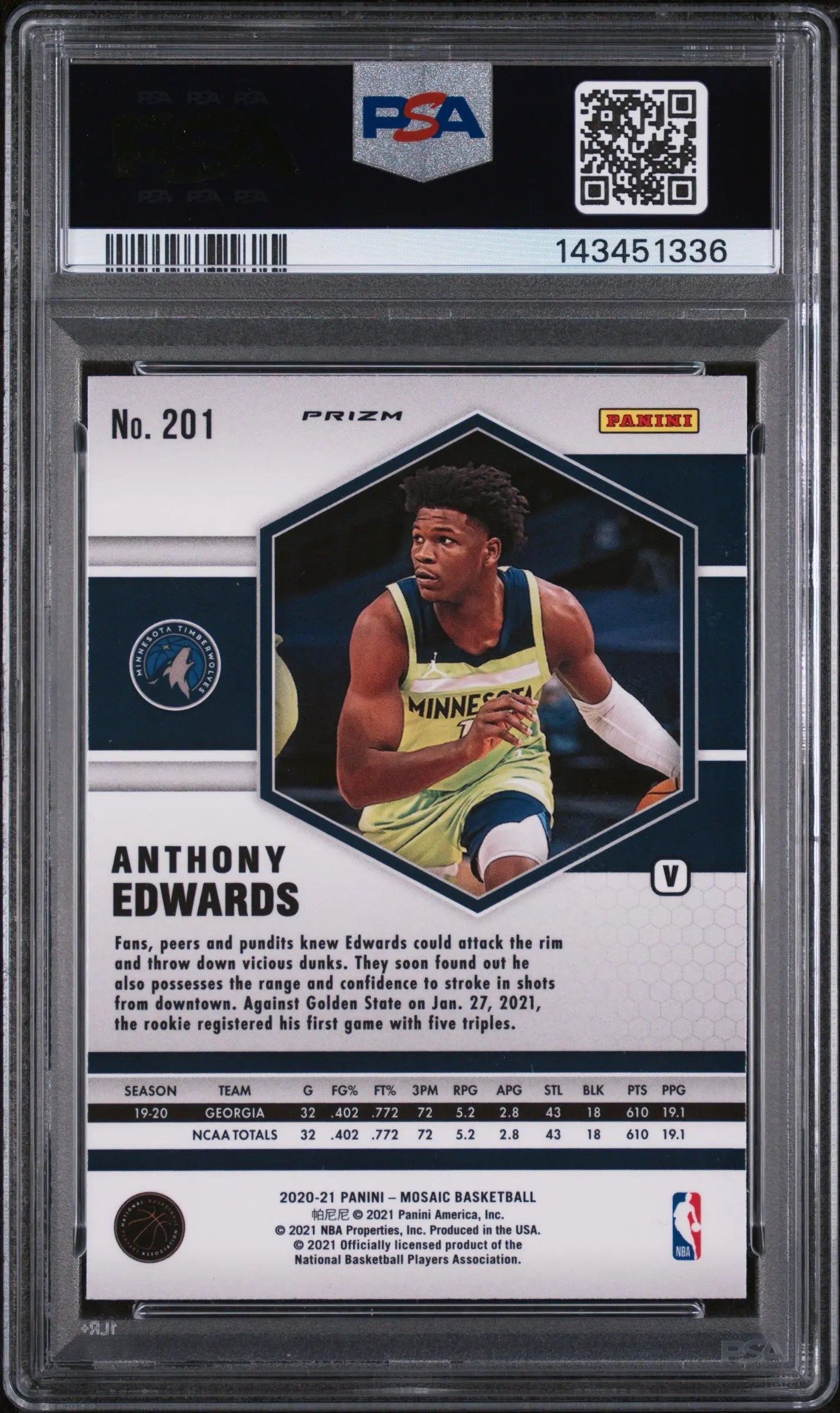 2020 Panini Mosaic Rookie Anthony Edwards Variation Fast Break RC PSA 10 
