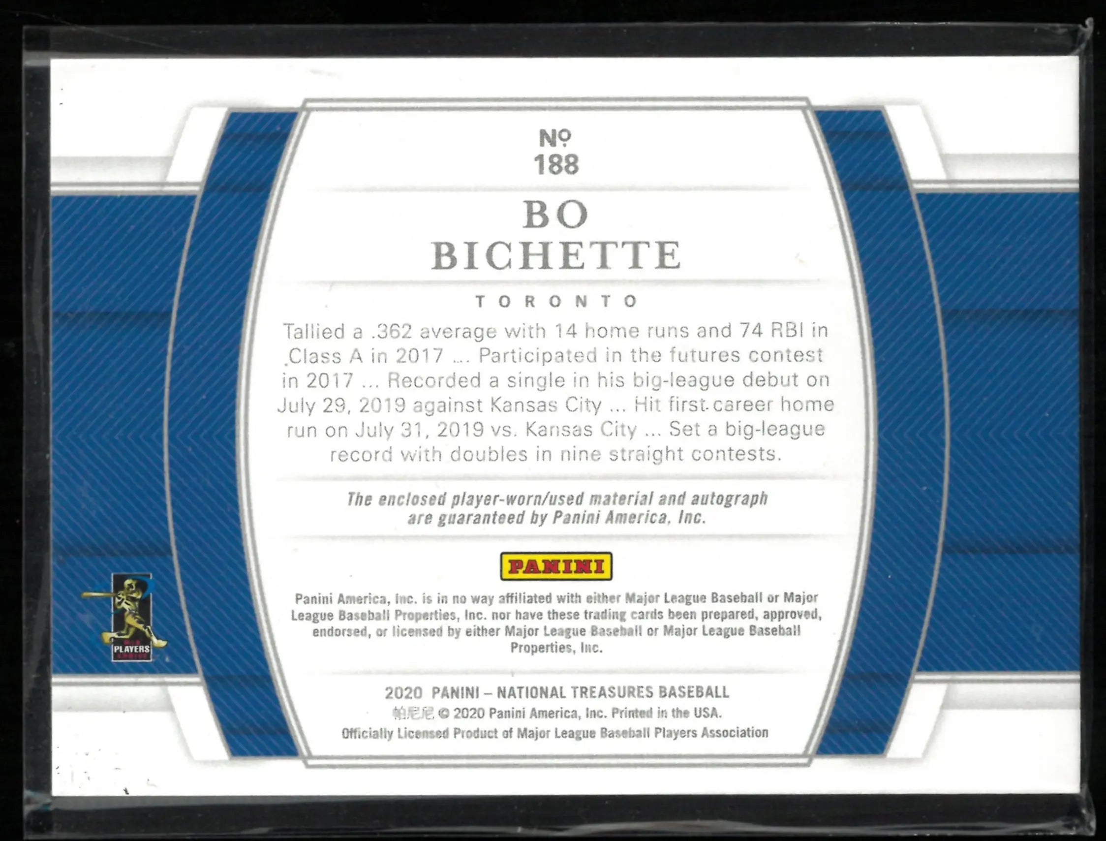 2020 Panini National Treasure Baseball Bo Bichette Rookie Patch Autograph RC /99 