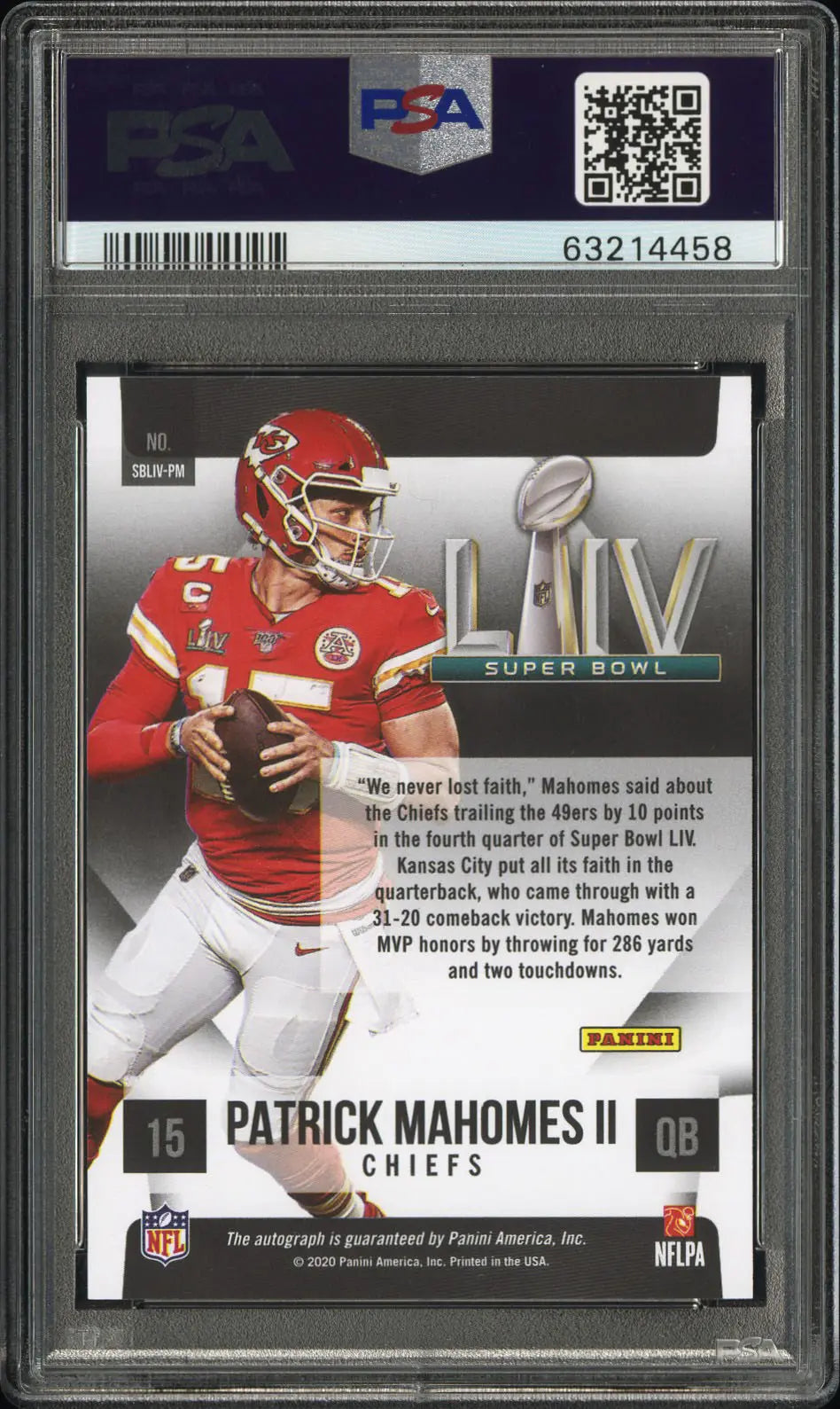 2020 Panini National Treasures SB Autograph Patrick Mahomes II Prizm PSA 9 