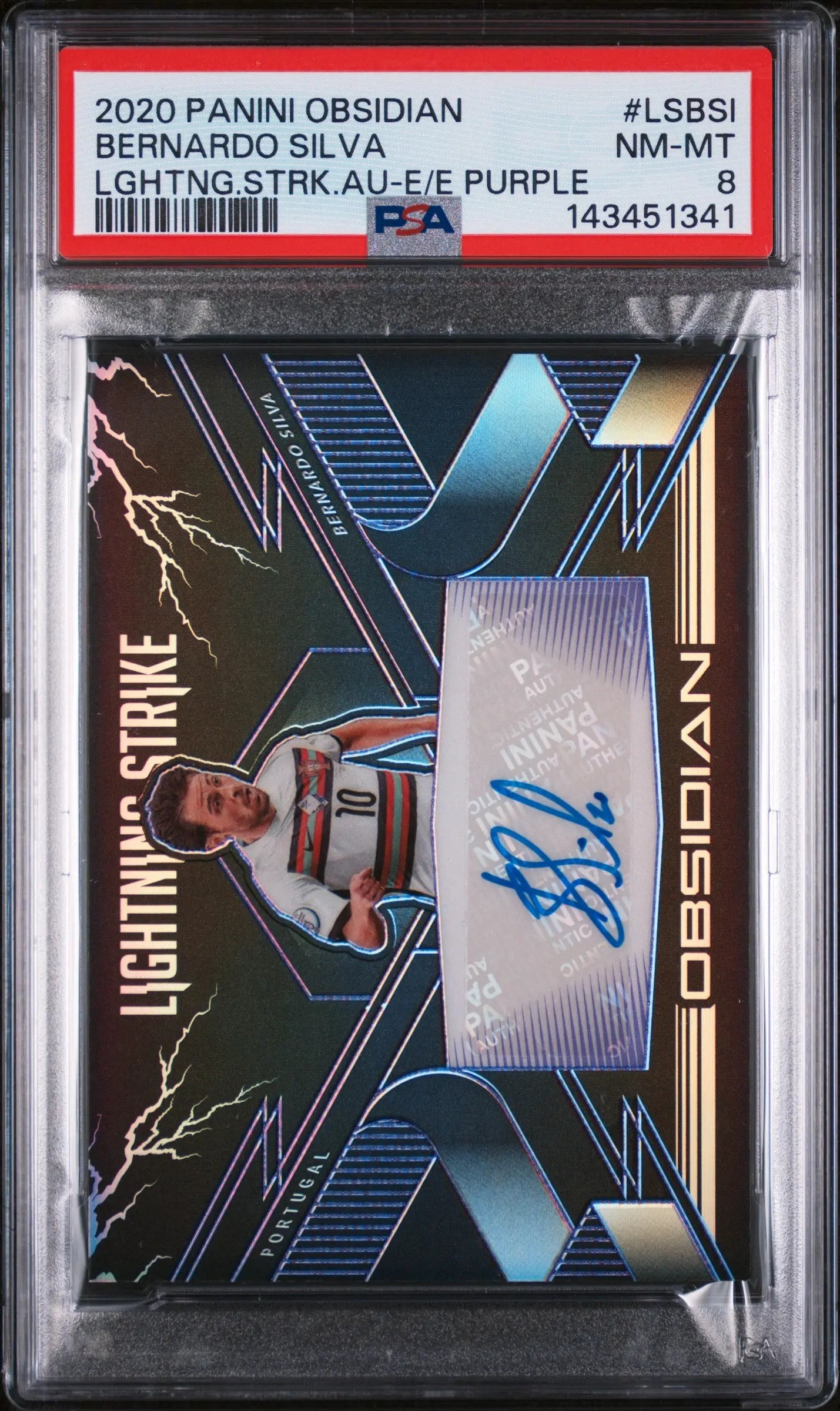 2020 Panini Obsidian Lightning Strike Purple Auto Bernardo Silva /75 PSA 8 