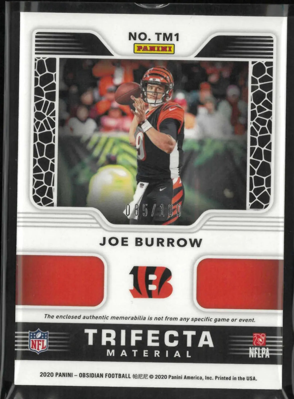 2020 Panini Obsidian Trifecta Material Patch Rookie Joe Burrow RC /100 