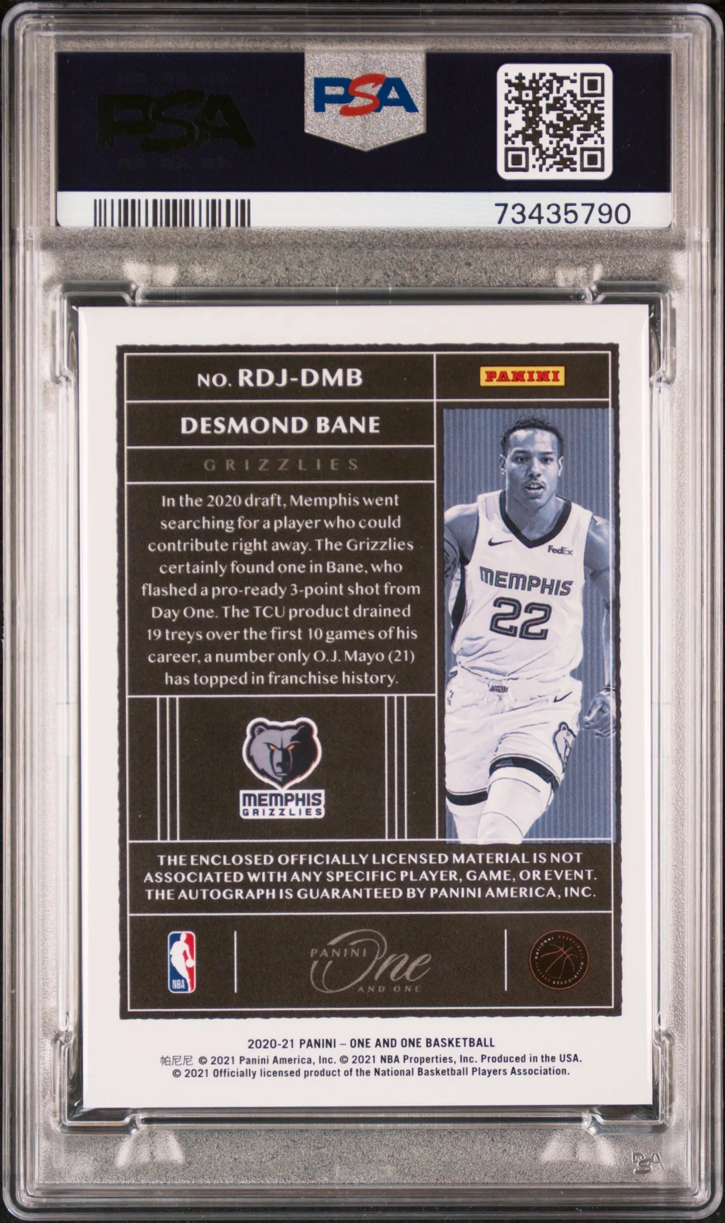 2020 Panini One And One Rookie Dual Jersey Auto Desmond Bane RC PSA 10 /99 