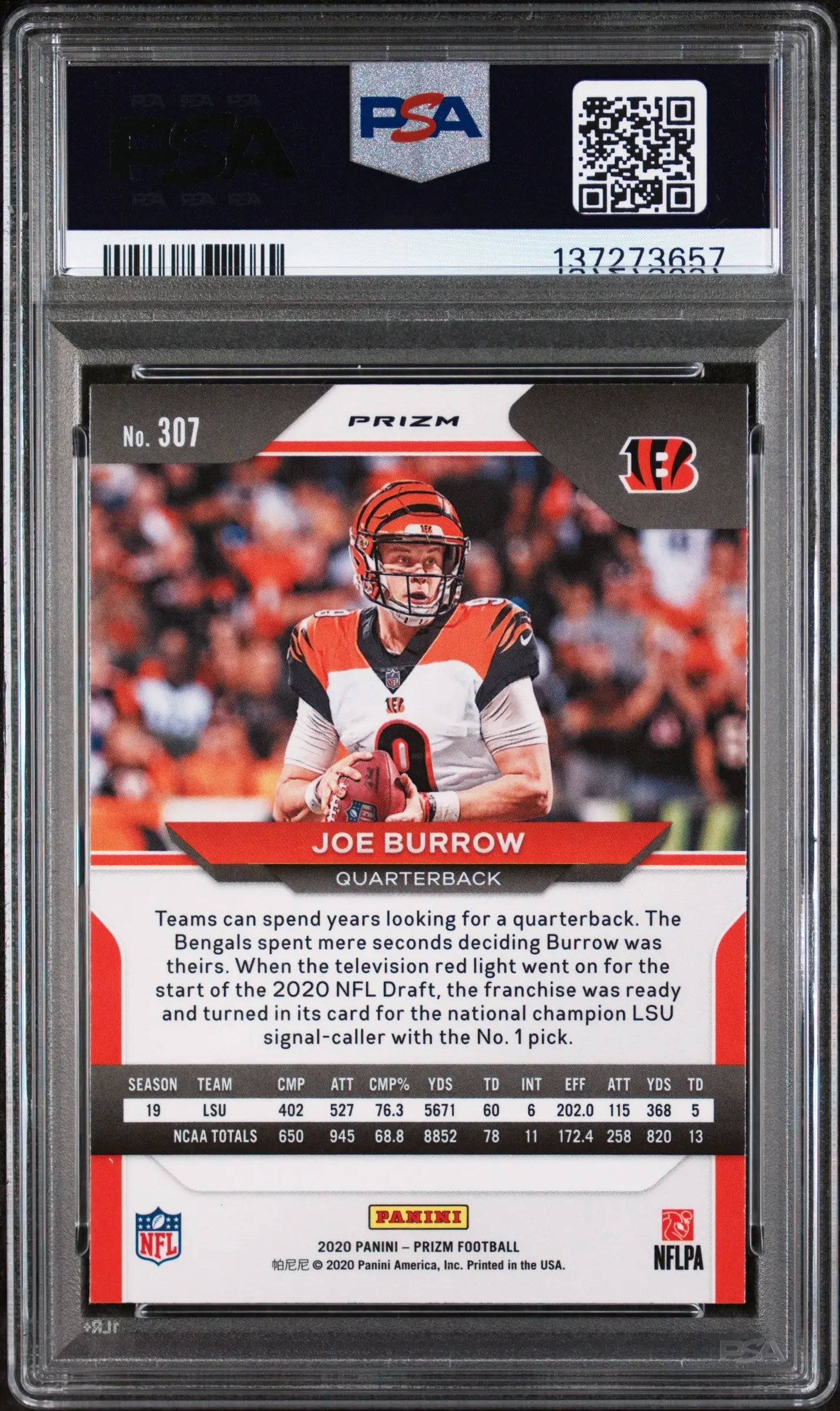 2020 Panini Prizm Joe Burrow #307 Silver RC Rookie PSA 10 