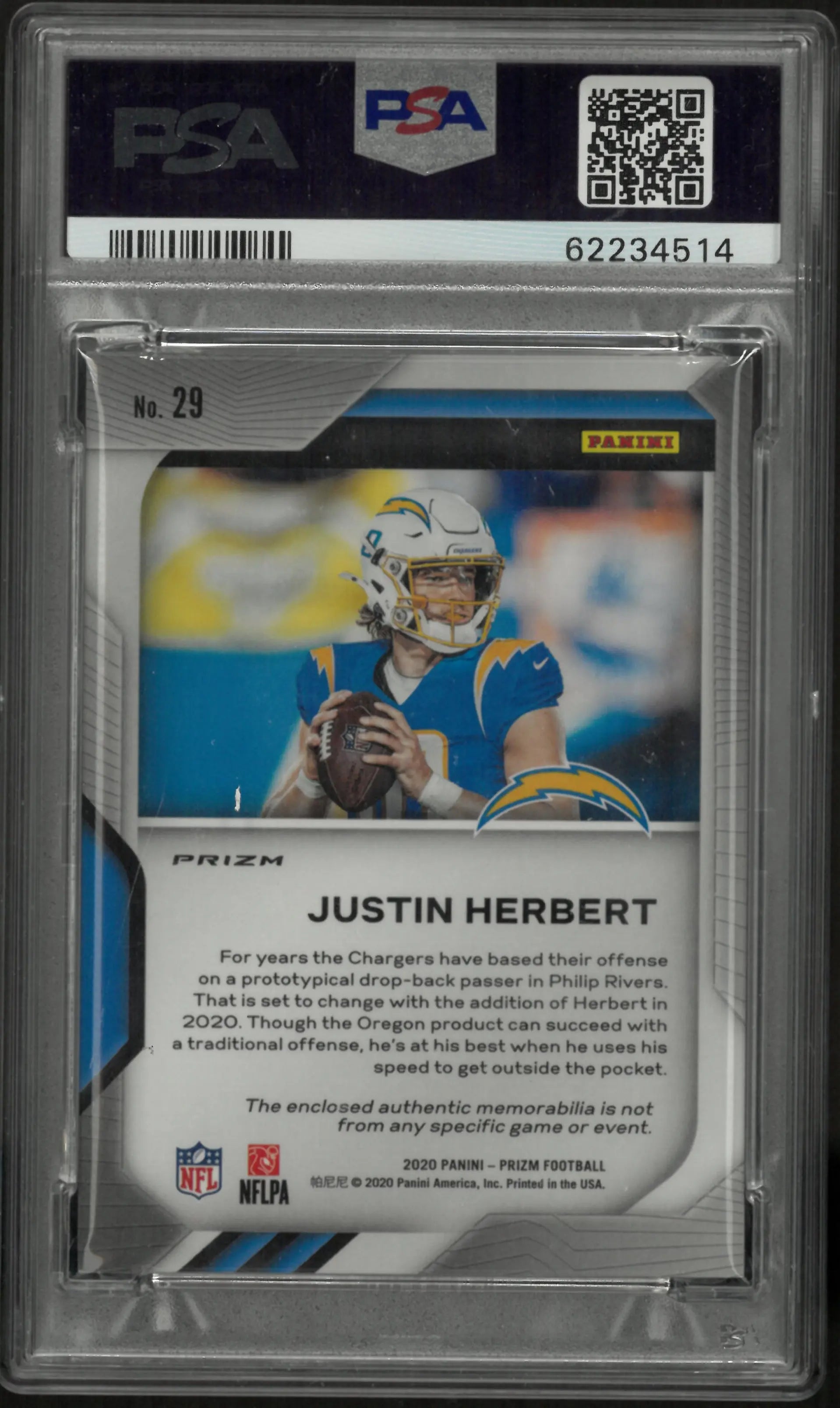 2020 Panini Prizm Premier Jerseys Relics Justin Herbert Rookie RC Patch PSA 9 